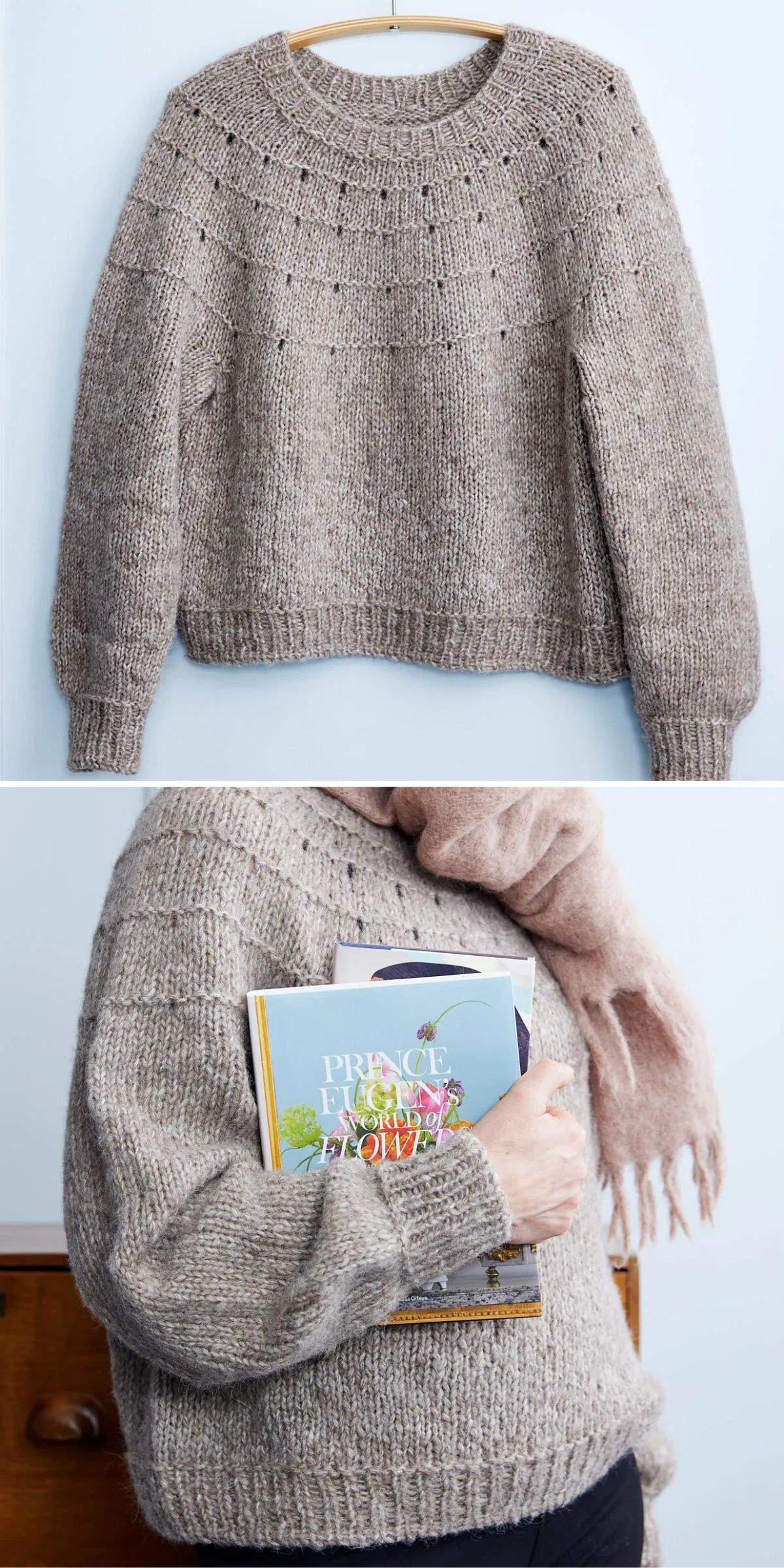 Gray knitted sweater displayed on a surface; a person wearing the sweater holds a book with a pink scarf wrapped around their neck.