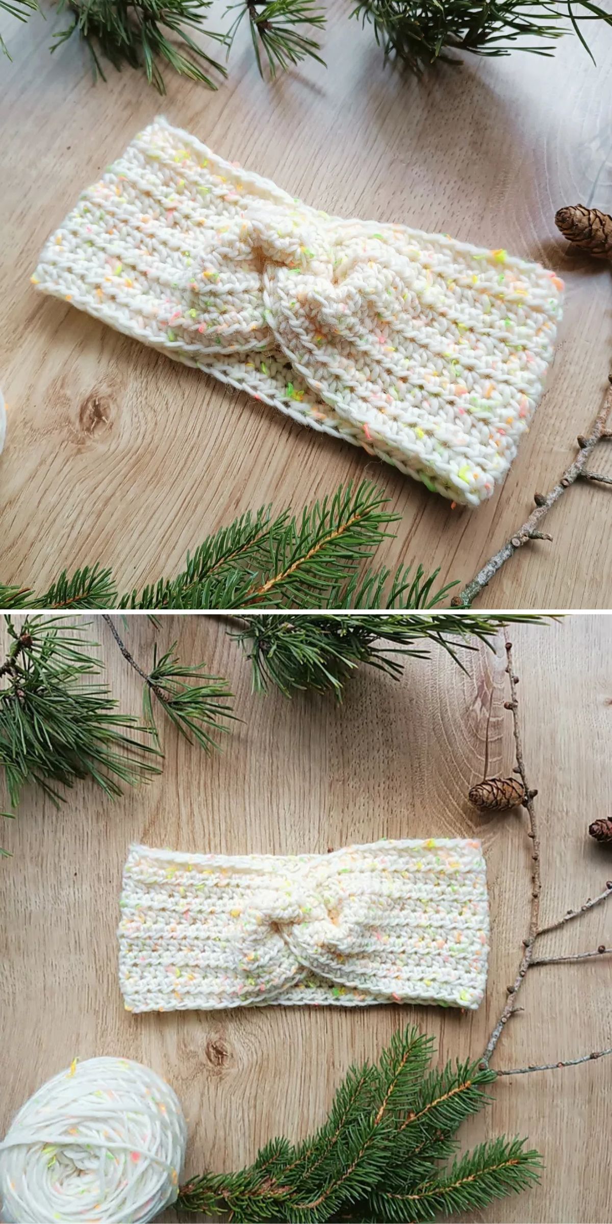 Two images of a cream-colored crochet headband with specks of color are placed on a wooden surface. Pine branches and a ball of yarn are used as decorative elements.