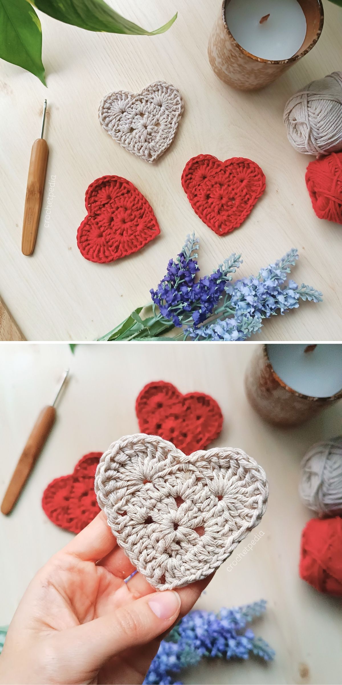 Crochete hearts in red and beige on a wooden surface with lavender, yarn, a candle, and a crochet hook. One heart is held up in a hand in the foreground.