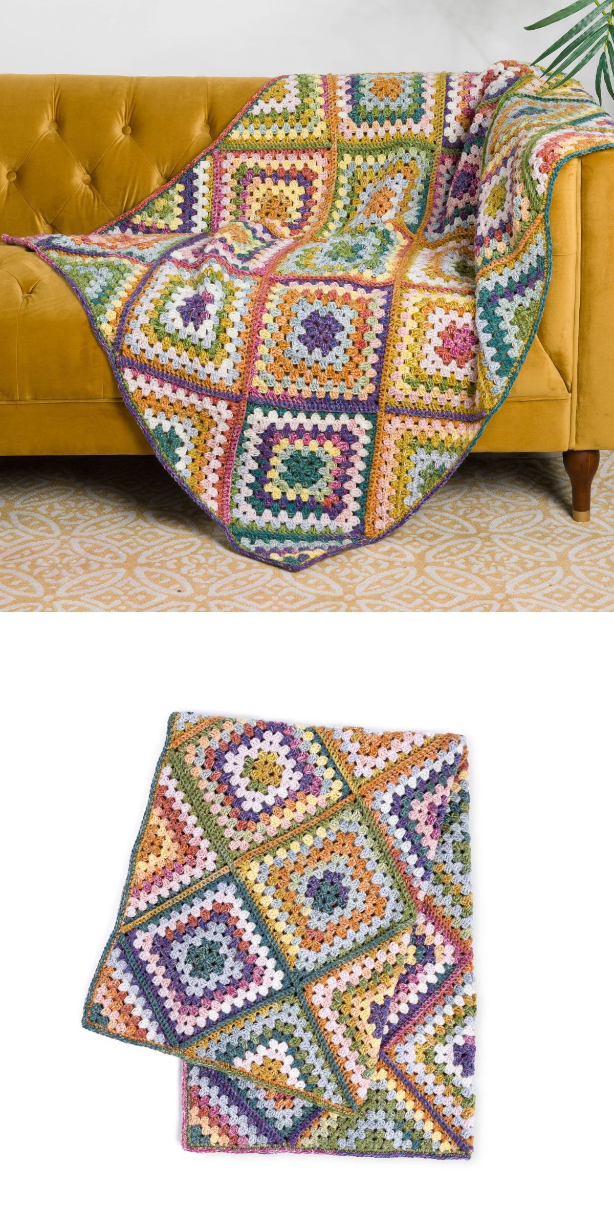 a crochet blanket made of colorful squares draped over a sofa