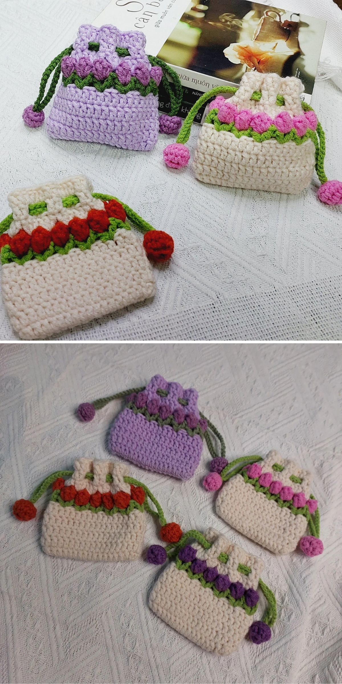 crochet drawstring bags with tulip stitch motifs