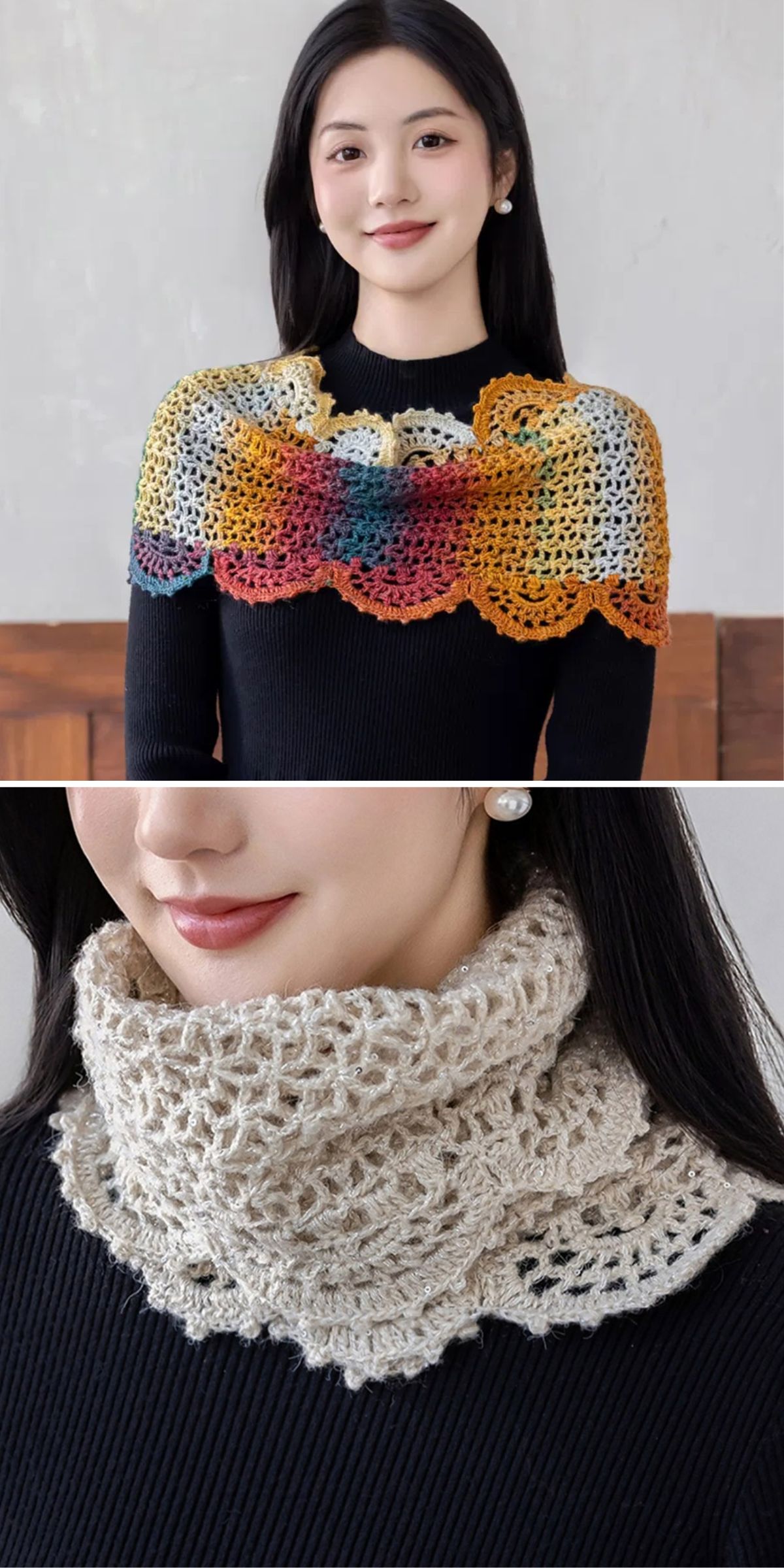 A person wearing a crochet cowl with multicolored patterns in the top image, and a beige crochet neck warmer in the bottom image.