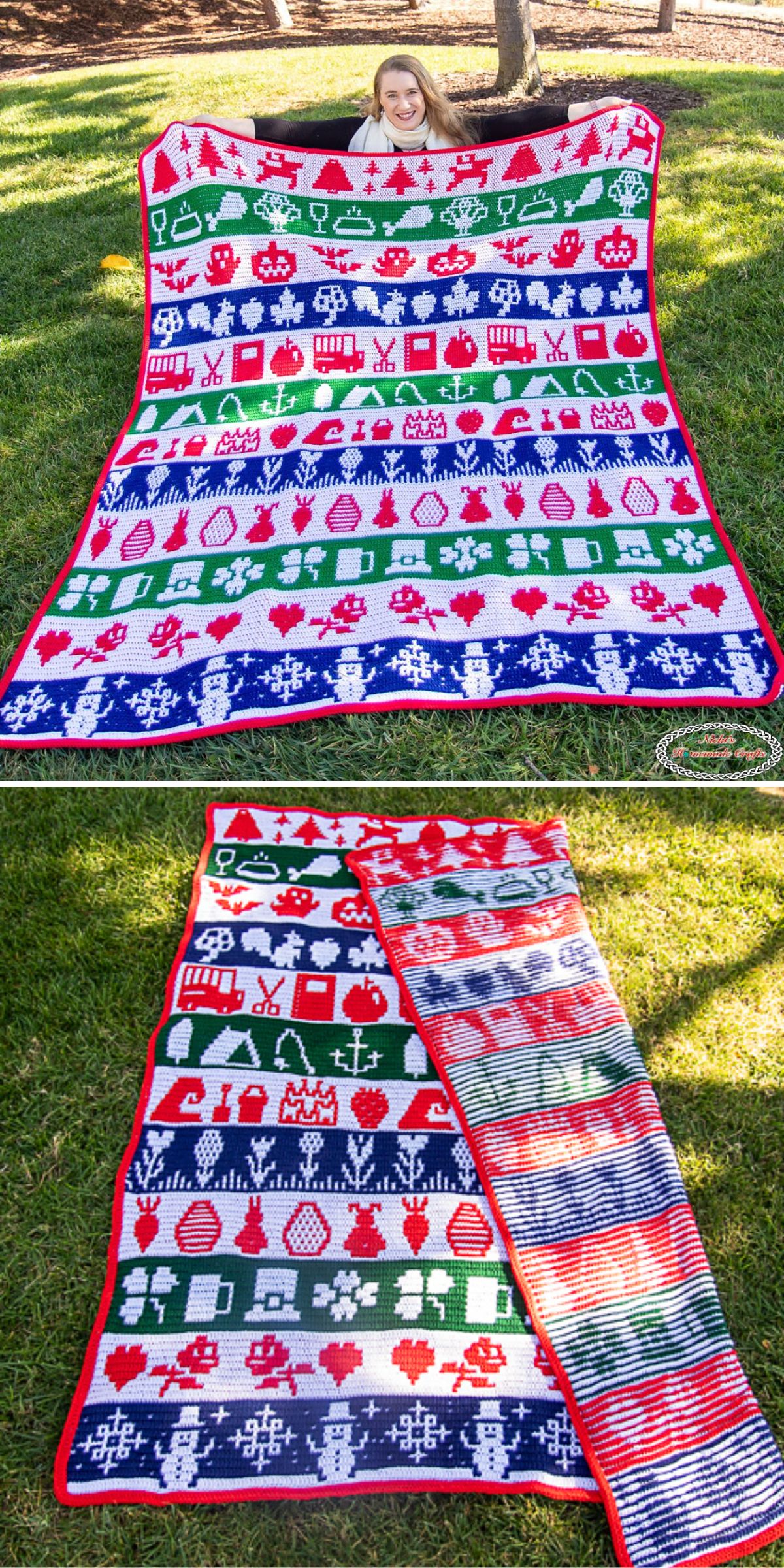 A person holds a large, colorful crochet blanket with various patterns and designs, displayed on a grassy area.