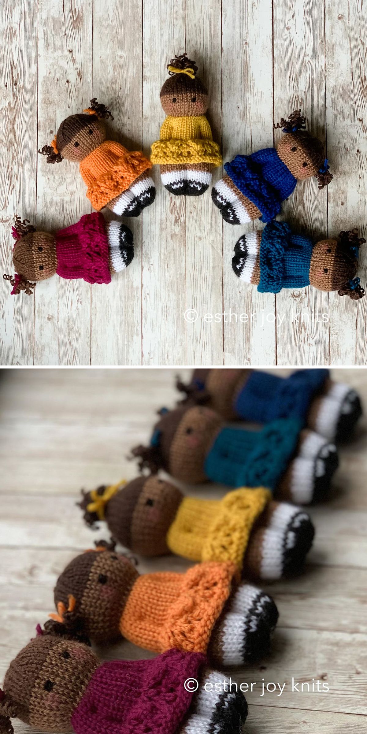 Five knitted dolls in colorful dresses are arranged on a wooden surface.