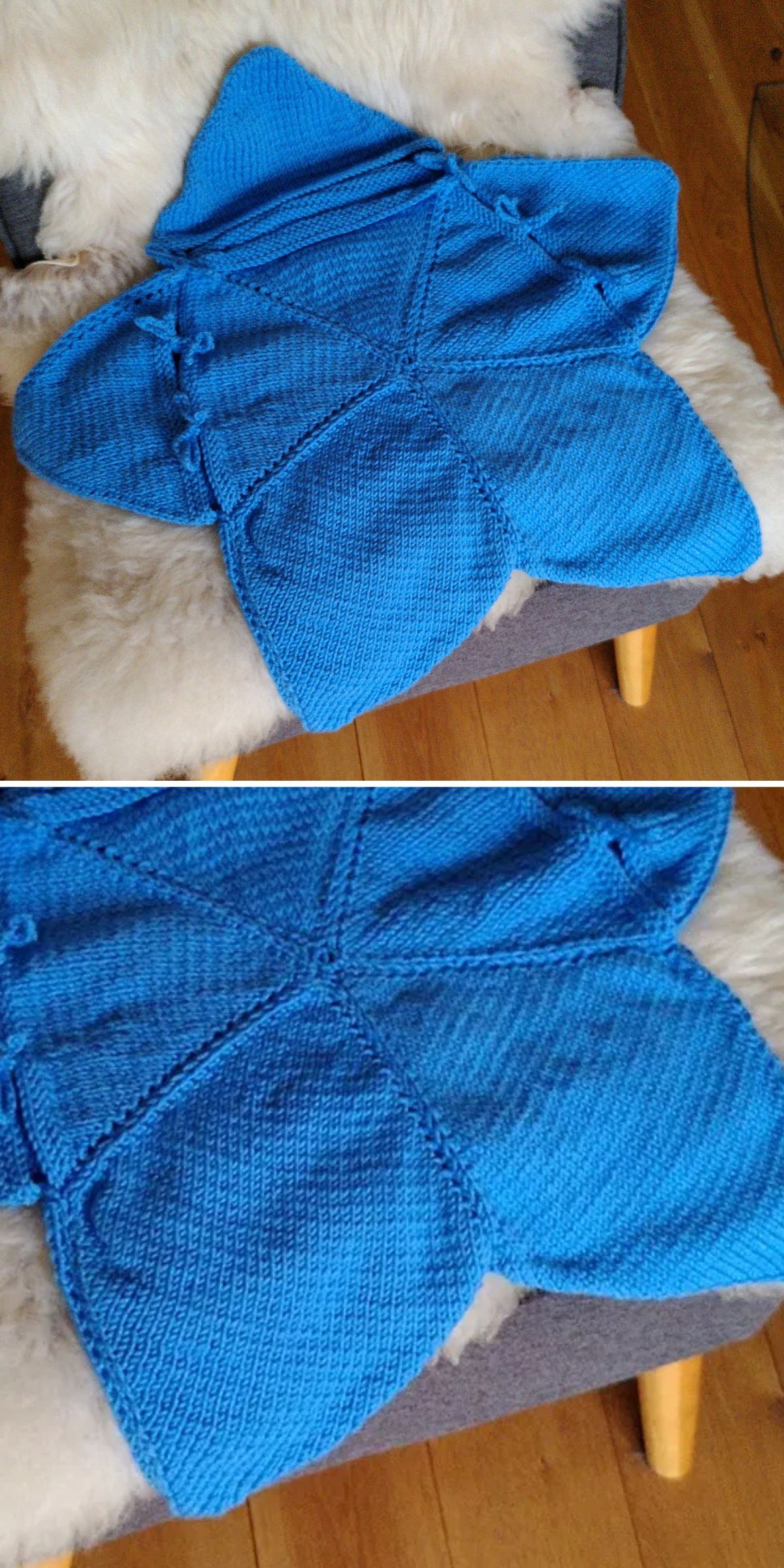 a blue knitted star-shaped baby onesie 