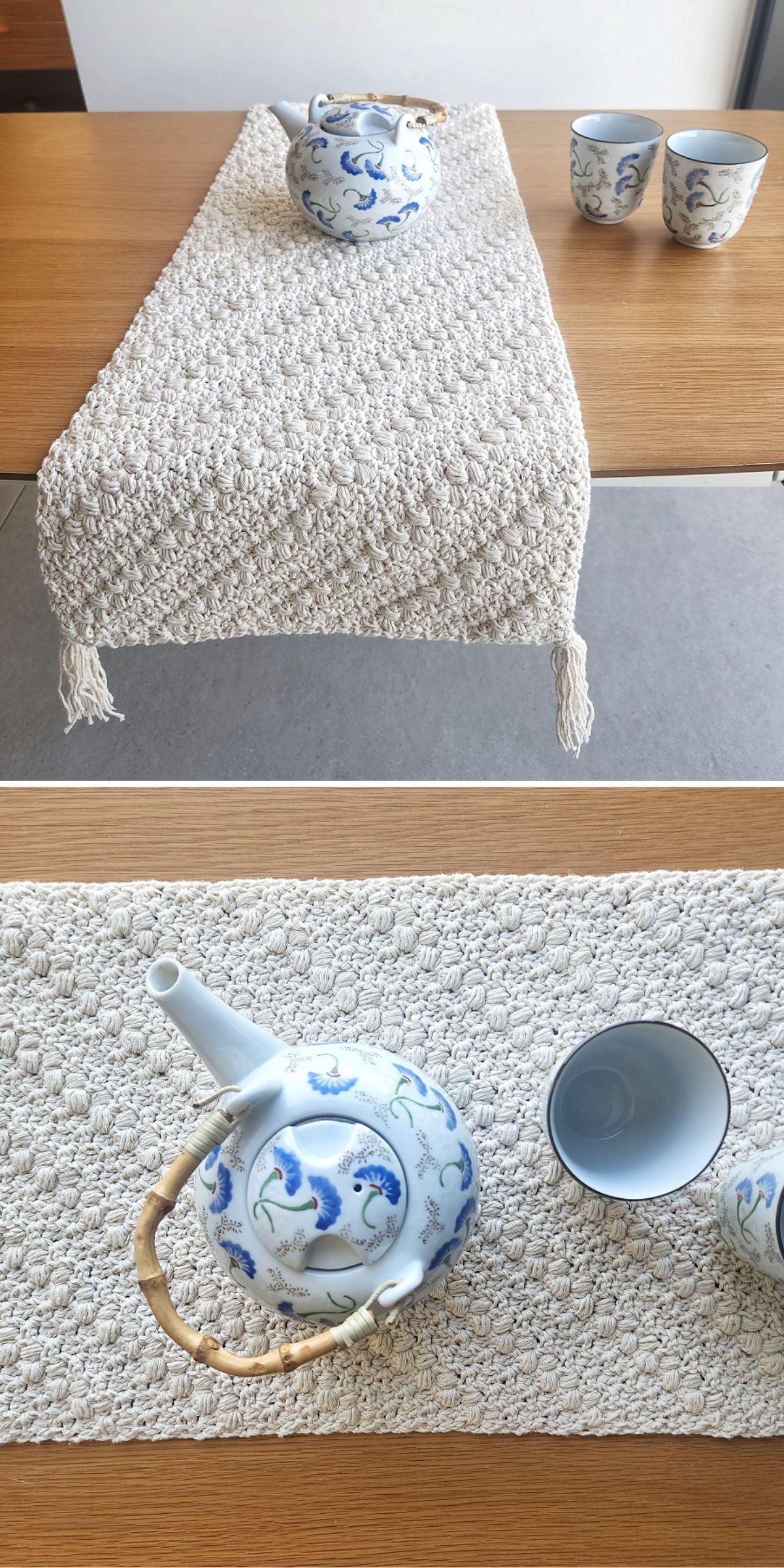 a simple white crochet table runner with a unique texture