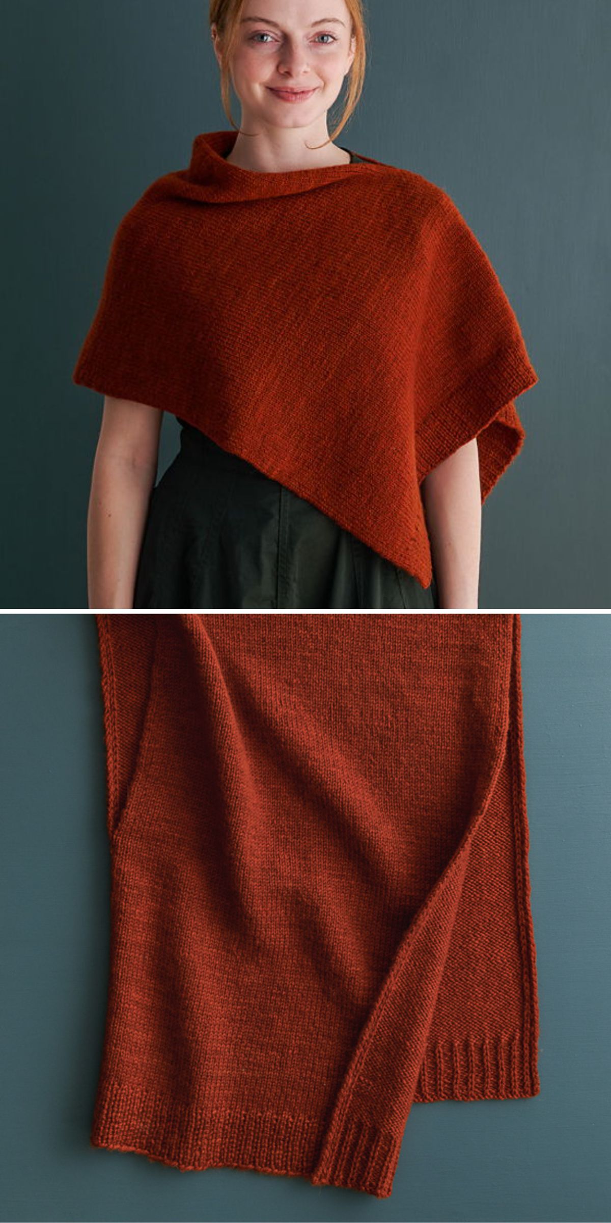 a woman wearing a knit poncho in a deep orange color