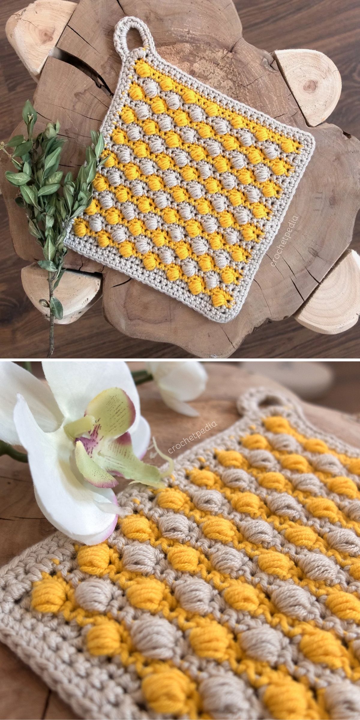 a crochet hot pad with puffy texture in yellow and beige