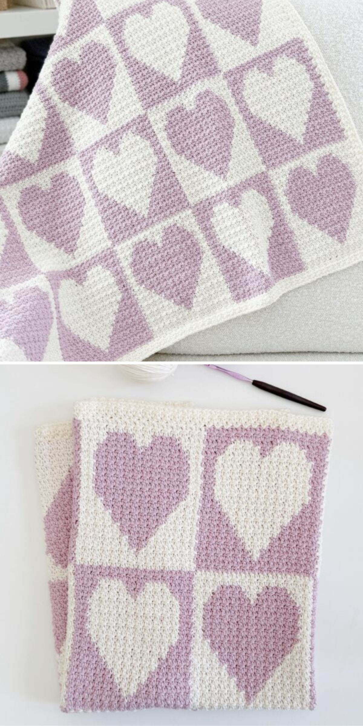 a crochet baby blanket with big heart motifs