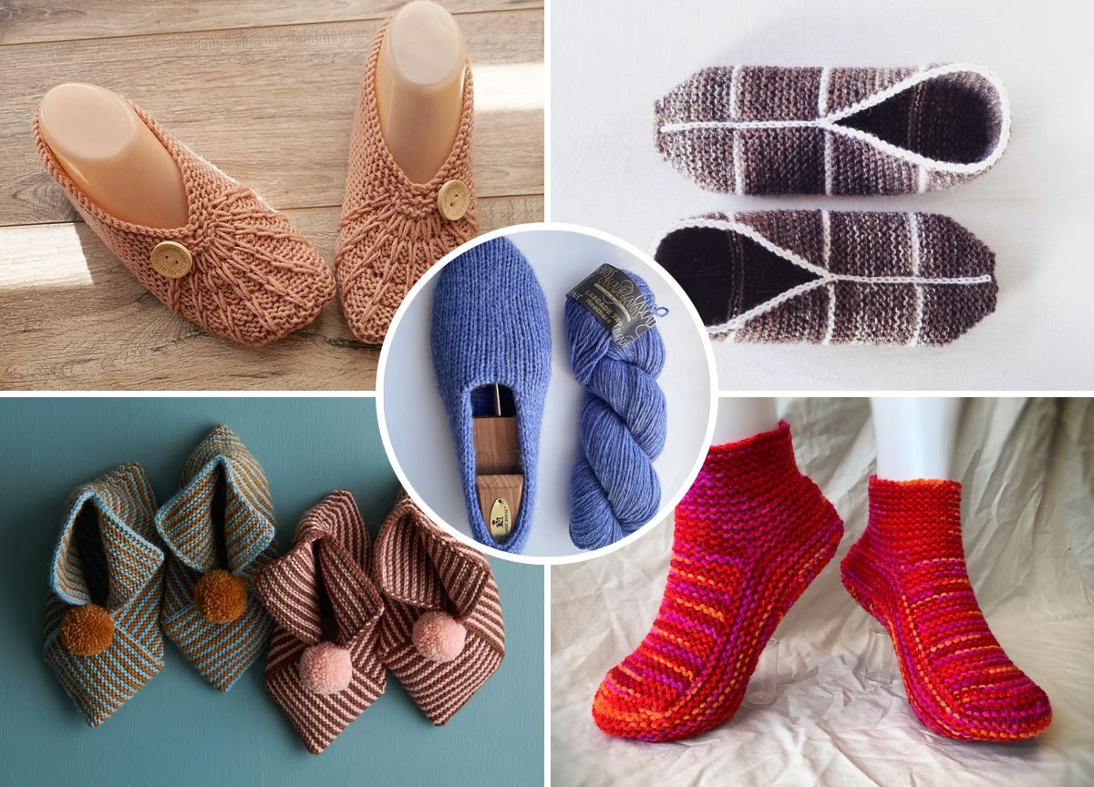 a collection of knitted slippers in various colors and designs