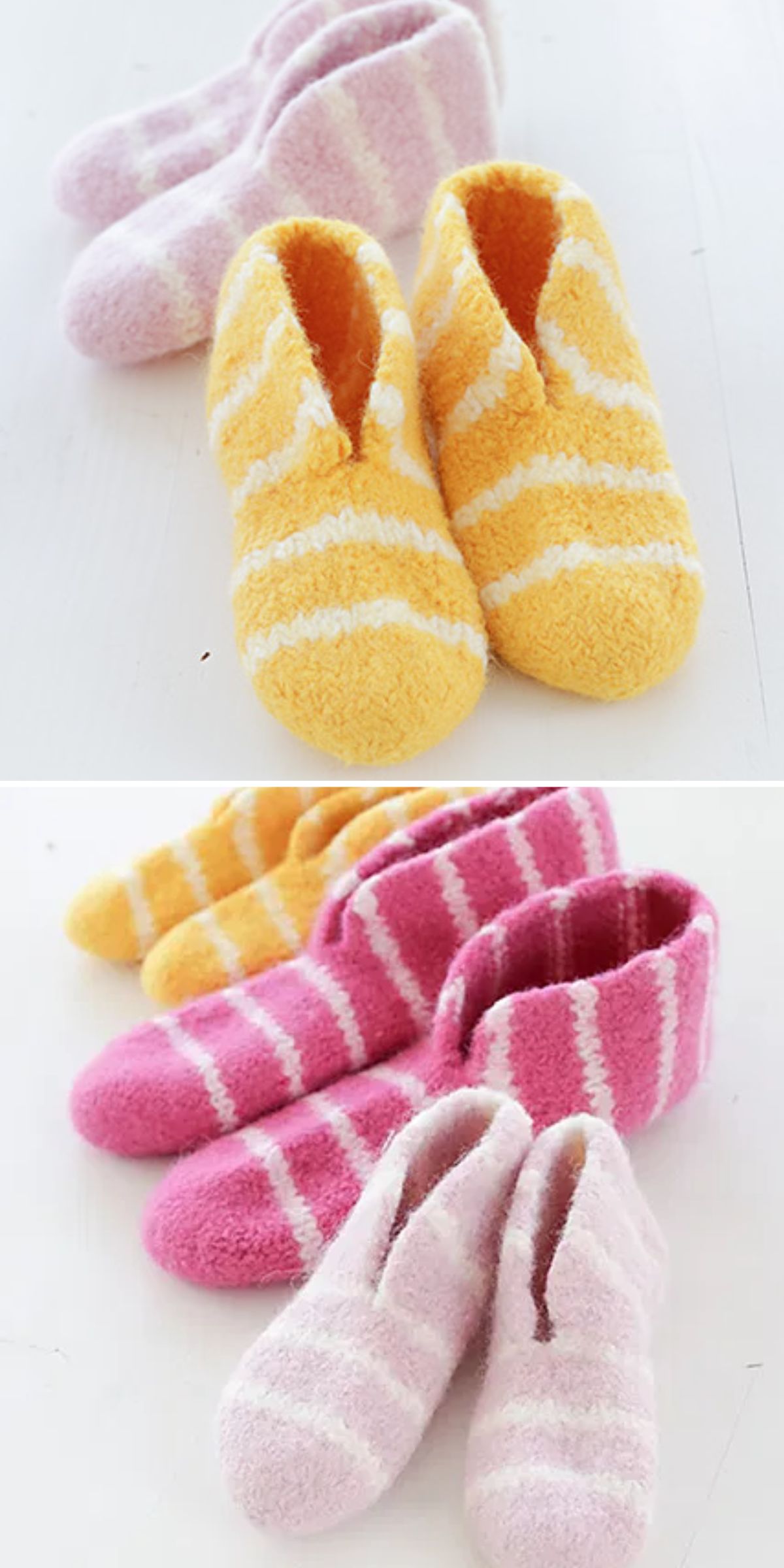 a set of colorful knitted slippers with a striped design