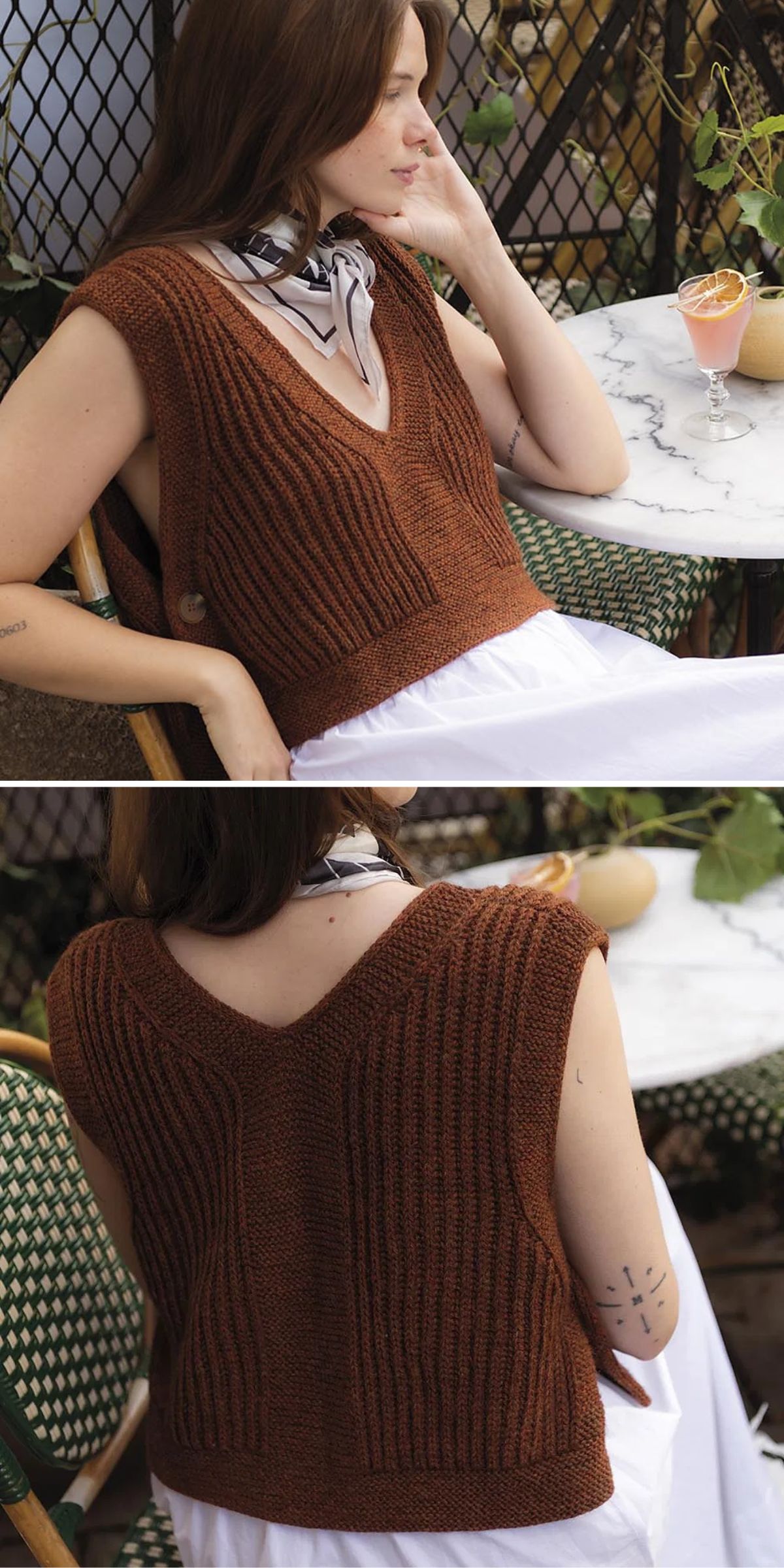 a woman wearing an elegant knit vest in a dark brown color and side button closure