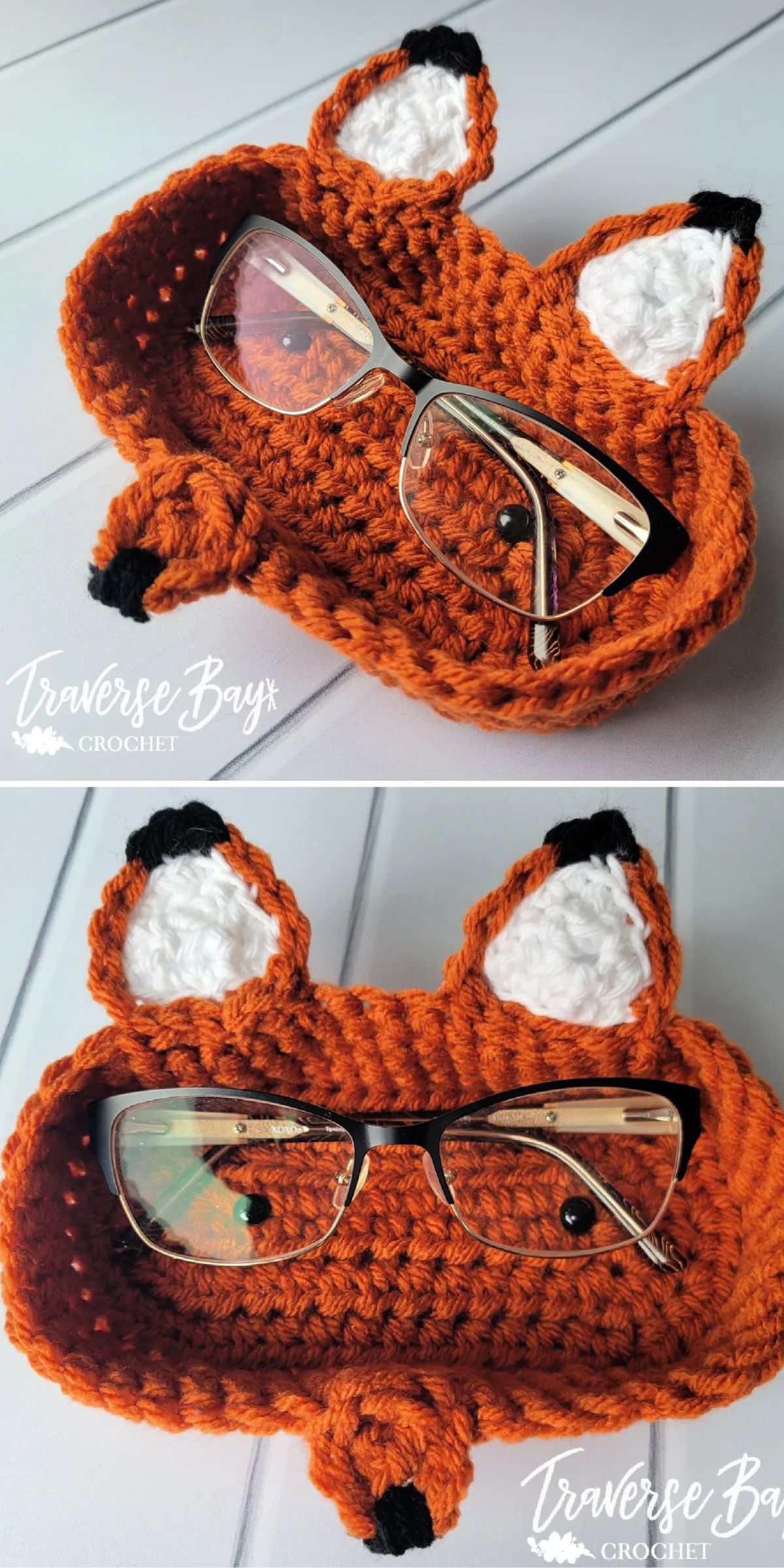 a crochet glasses holder shaped like a fox