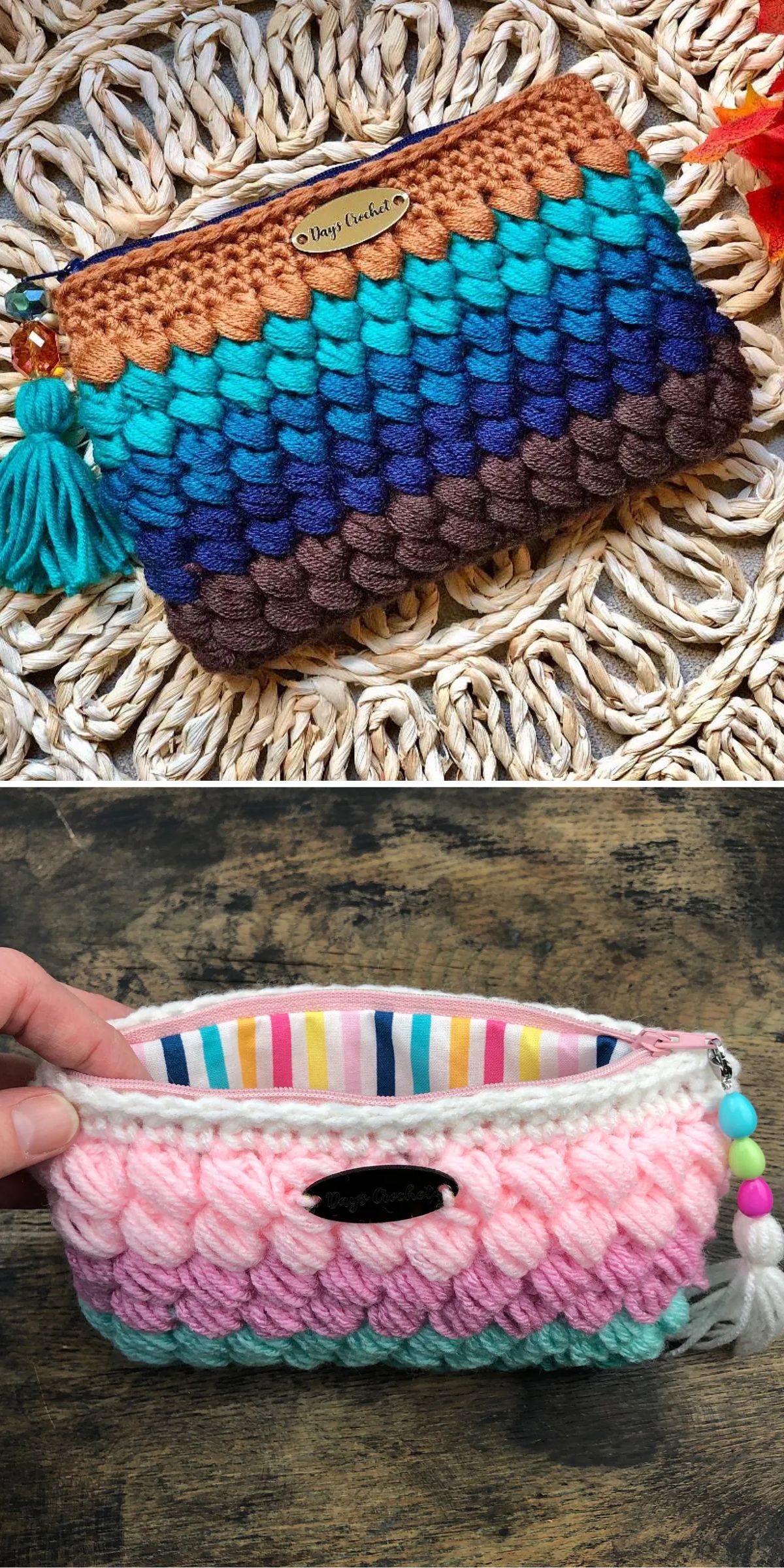 two colorful crochet pouch bags with puff stitches