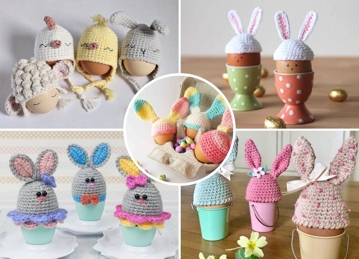 a collection of crochet bunny egg cozies