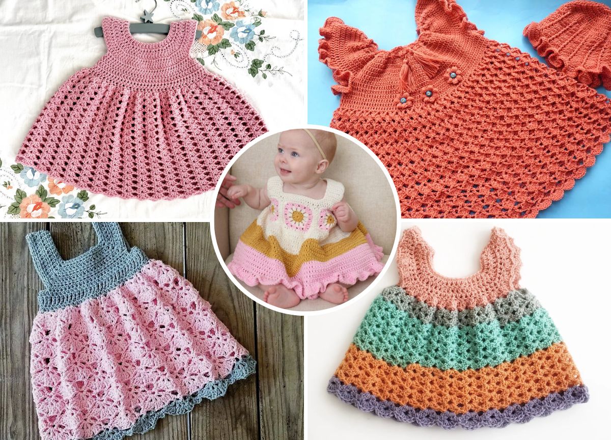 a set of cute crochet baby dresses in different styles and colors