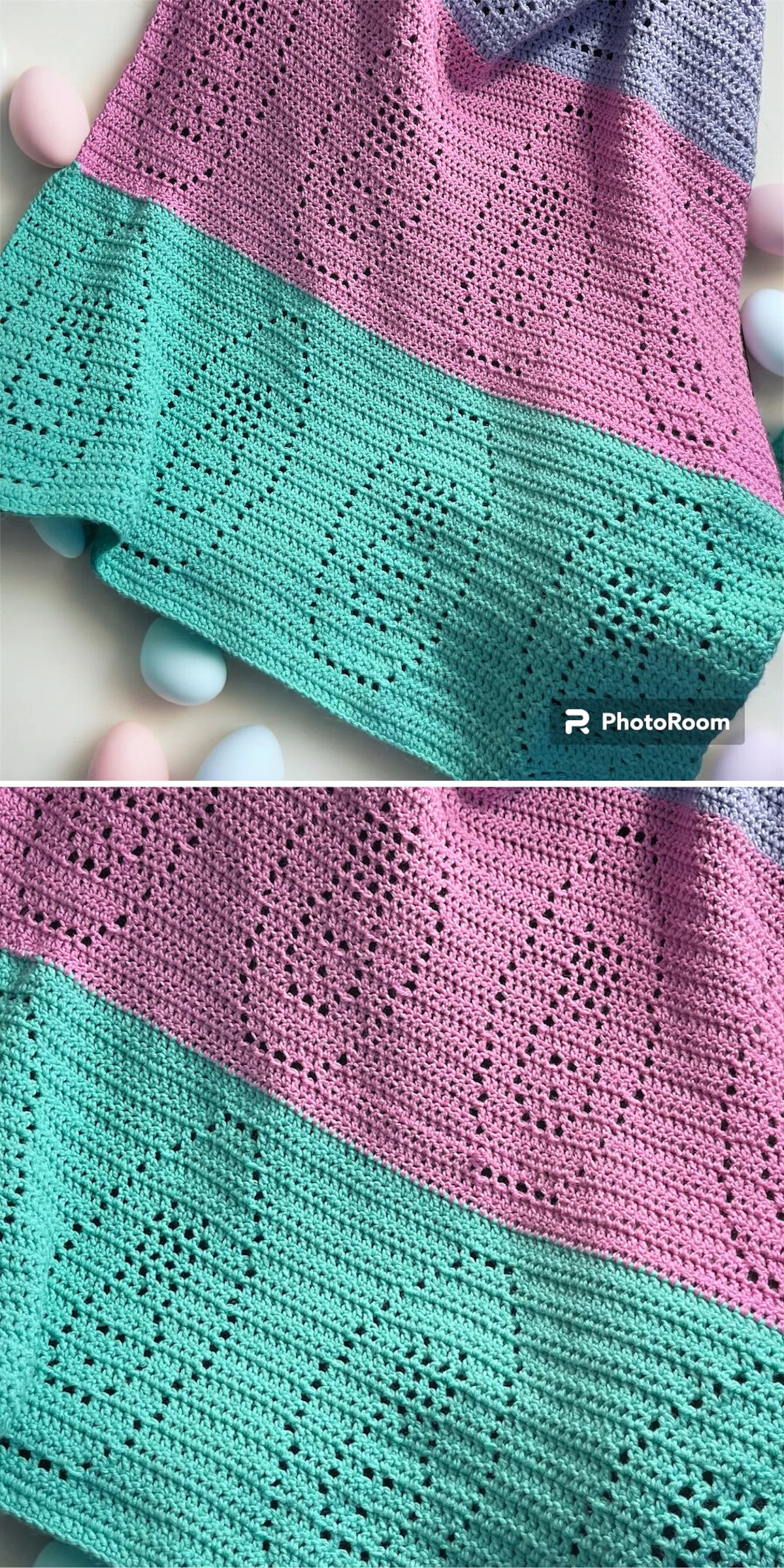 a two-colored crochet blanket with openstitch easter egg design