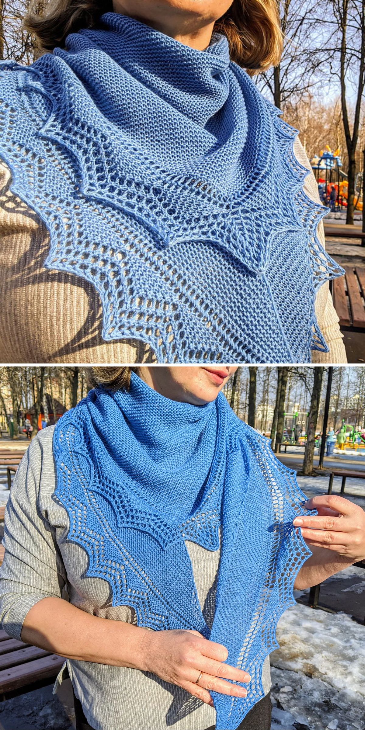 a woman wearing a blue knit shawl