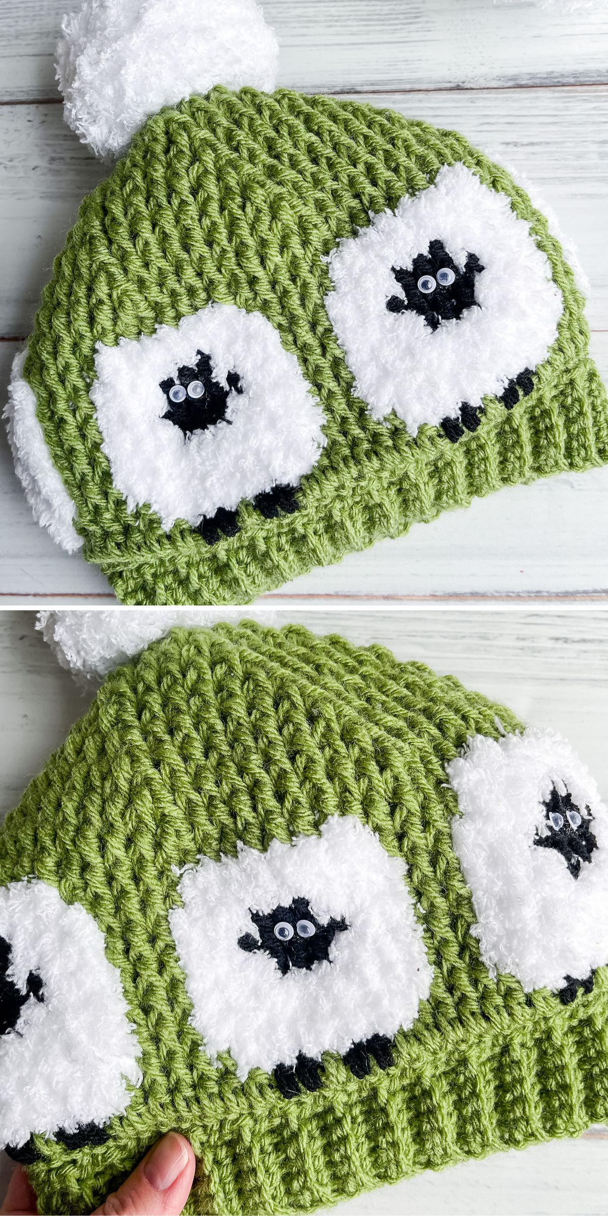a crochet beanie with sheep motifs