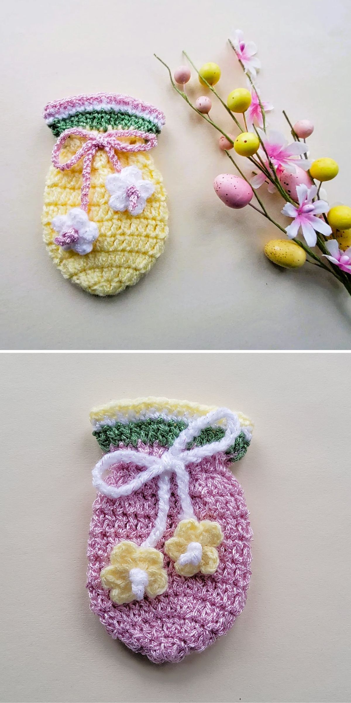a crochet egg pouch with flower embellishments