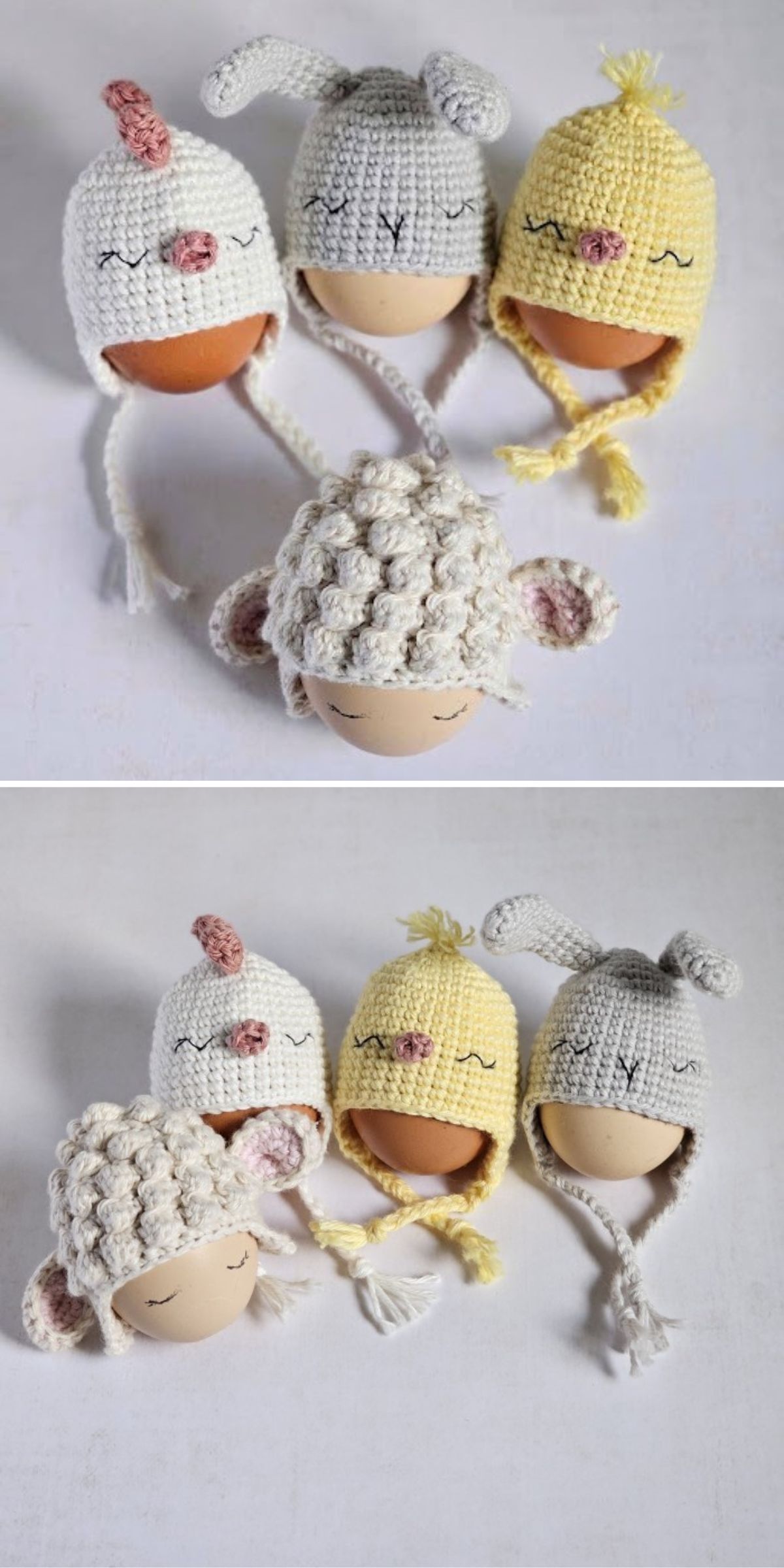 crochet egg cozies with different animal designs, inluding sheep, chick, rooster, and bunny