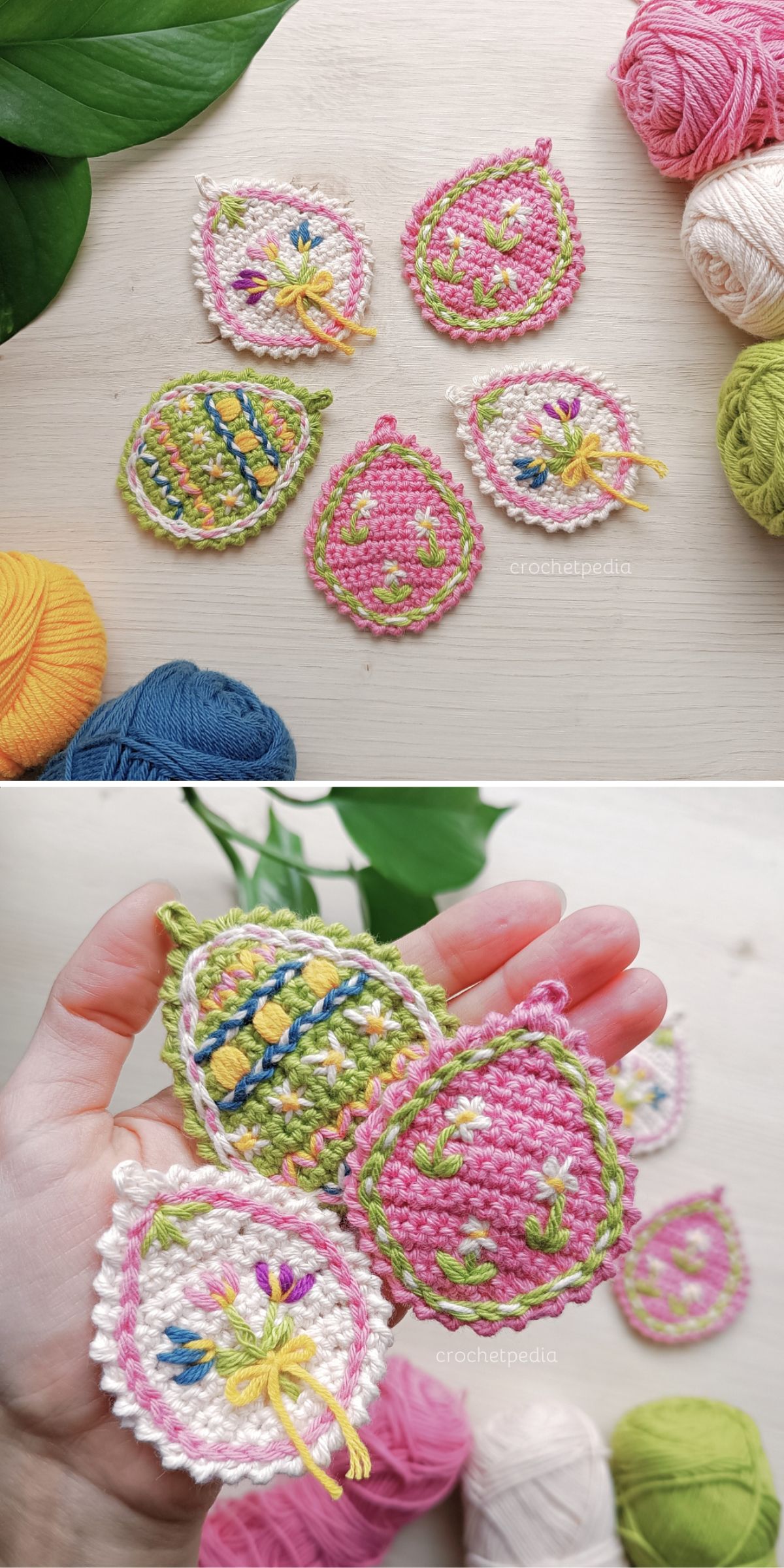 a flat crochet Easter egg appliques with embroidered flower motifs