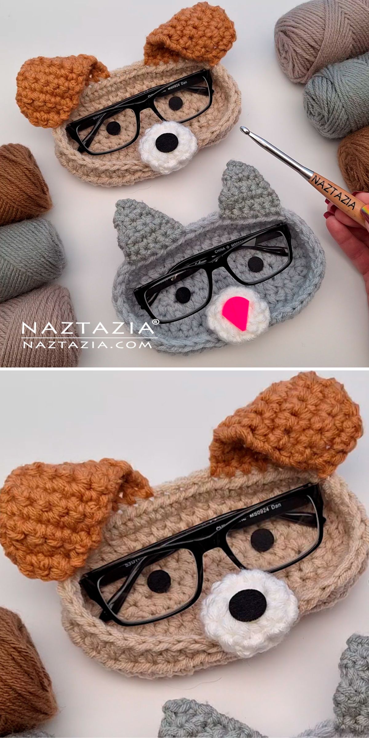 crochet glasses holders shaped like a cat and a dog