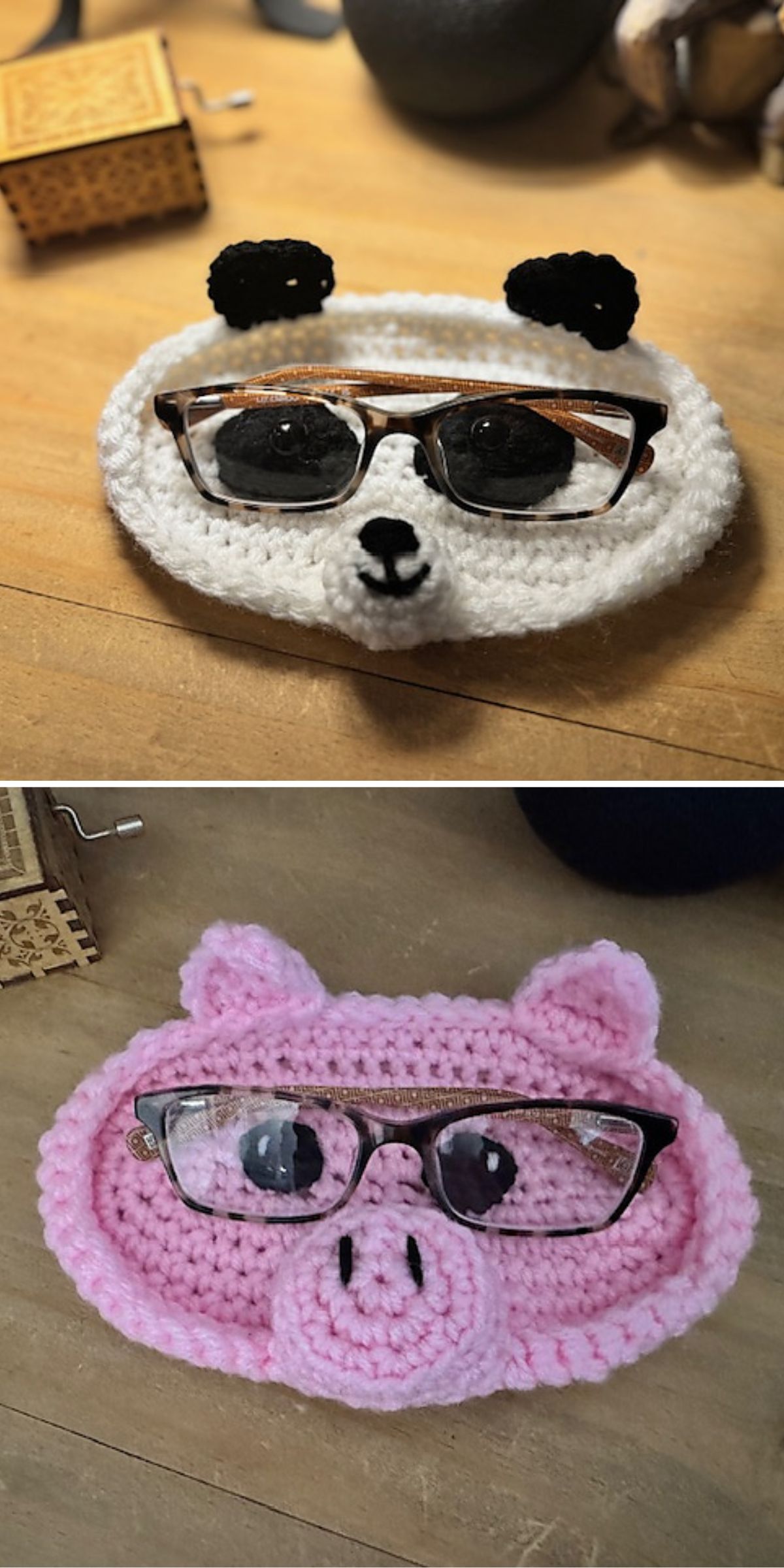 crochet eyeglasses holders shaped like a pig and panda