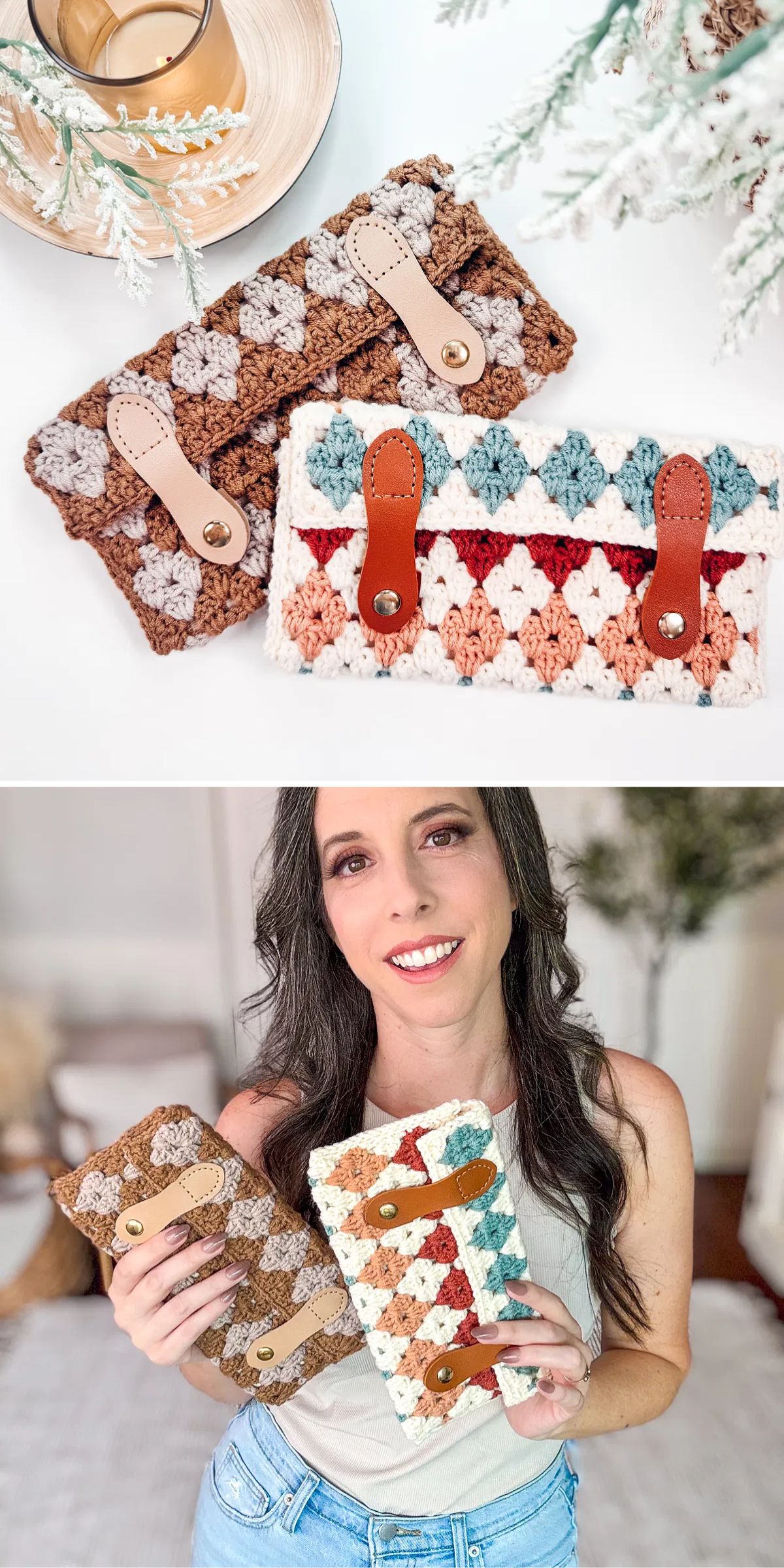 crochet clutch bags in eye-catching two-colored designs