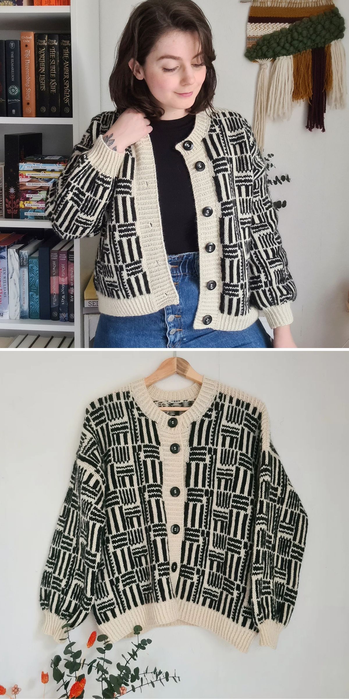 a woman wearing a knitted cardigan with a mosaic black-and-white design