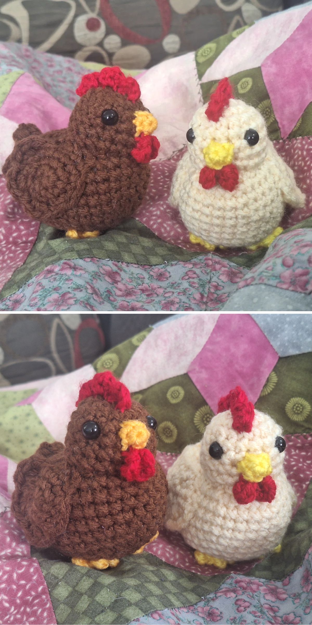 two crocheted chickens
