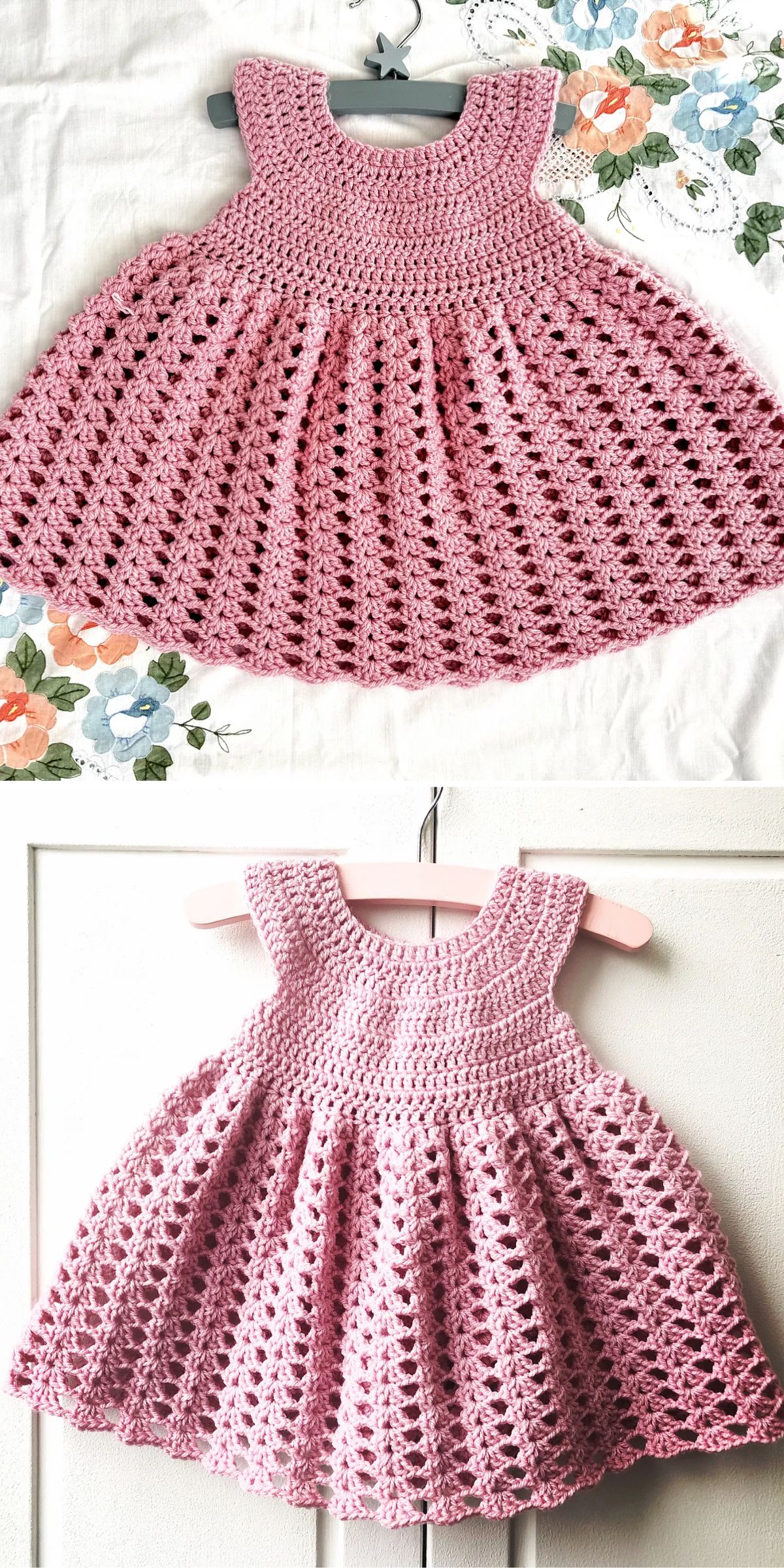a beautiful crochet baby dress in a soft pink color