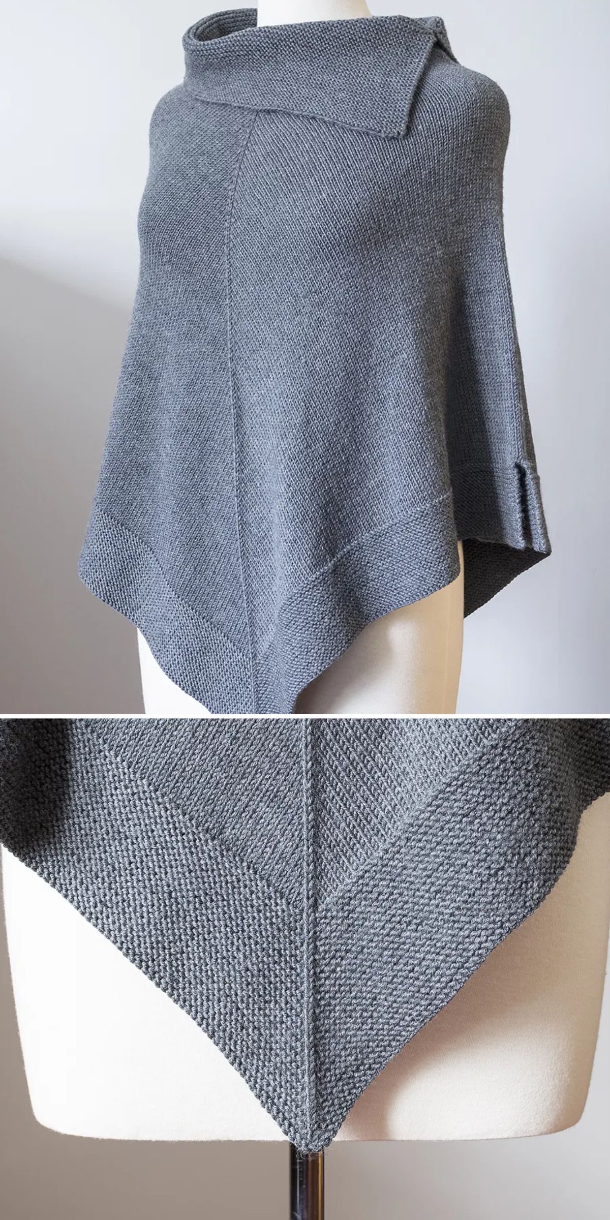 a grey knitted poncho on a mannequin