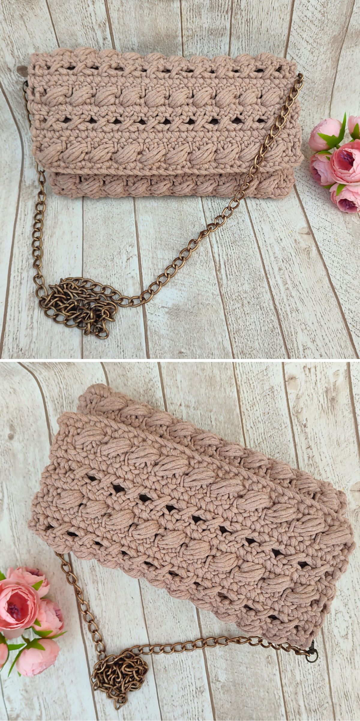 a crocheted clutch bag in a neutral beige color and chain strap