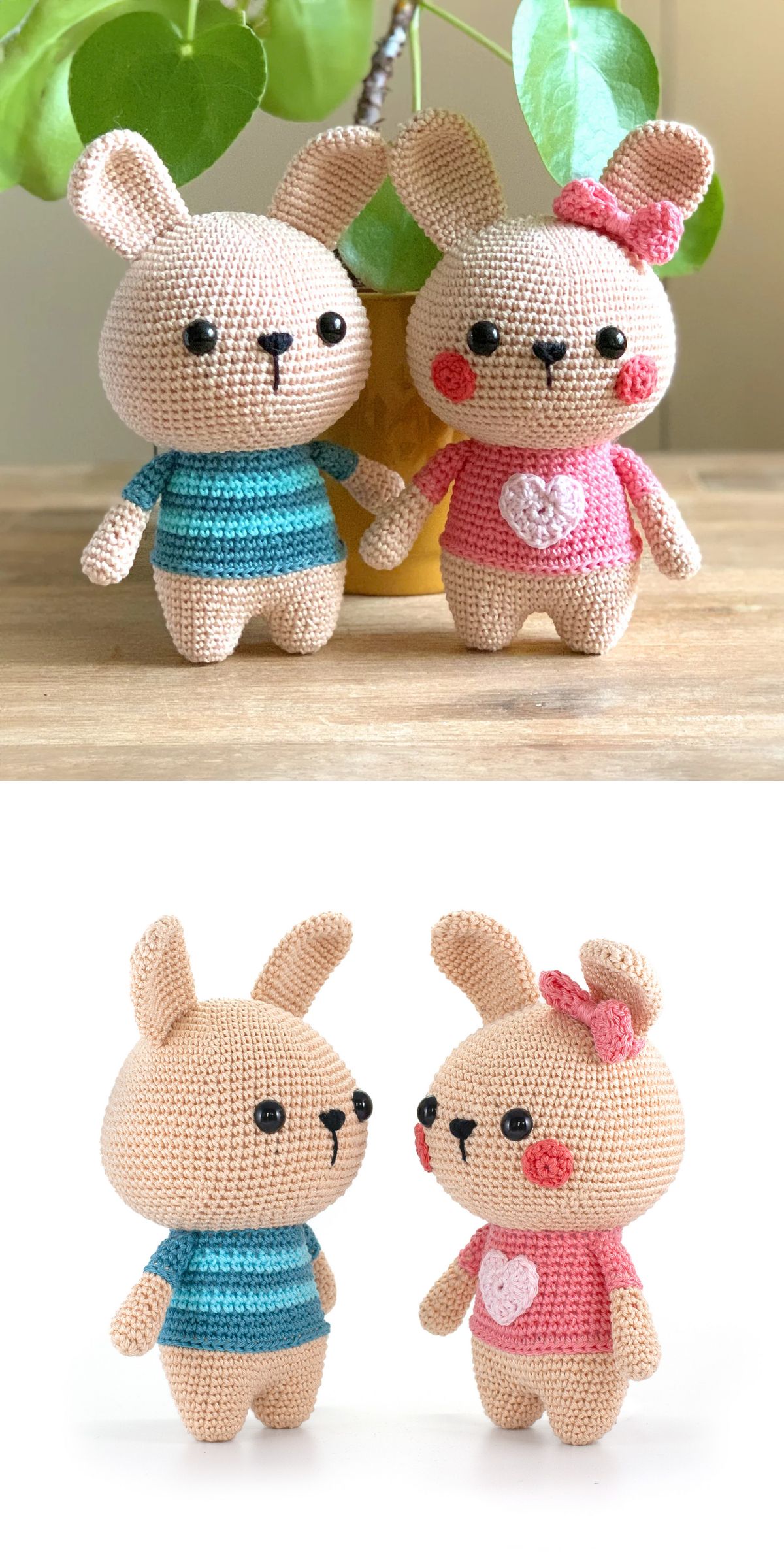two crochet bunny amigurumi in blue and pink clothes