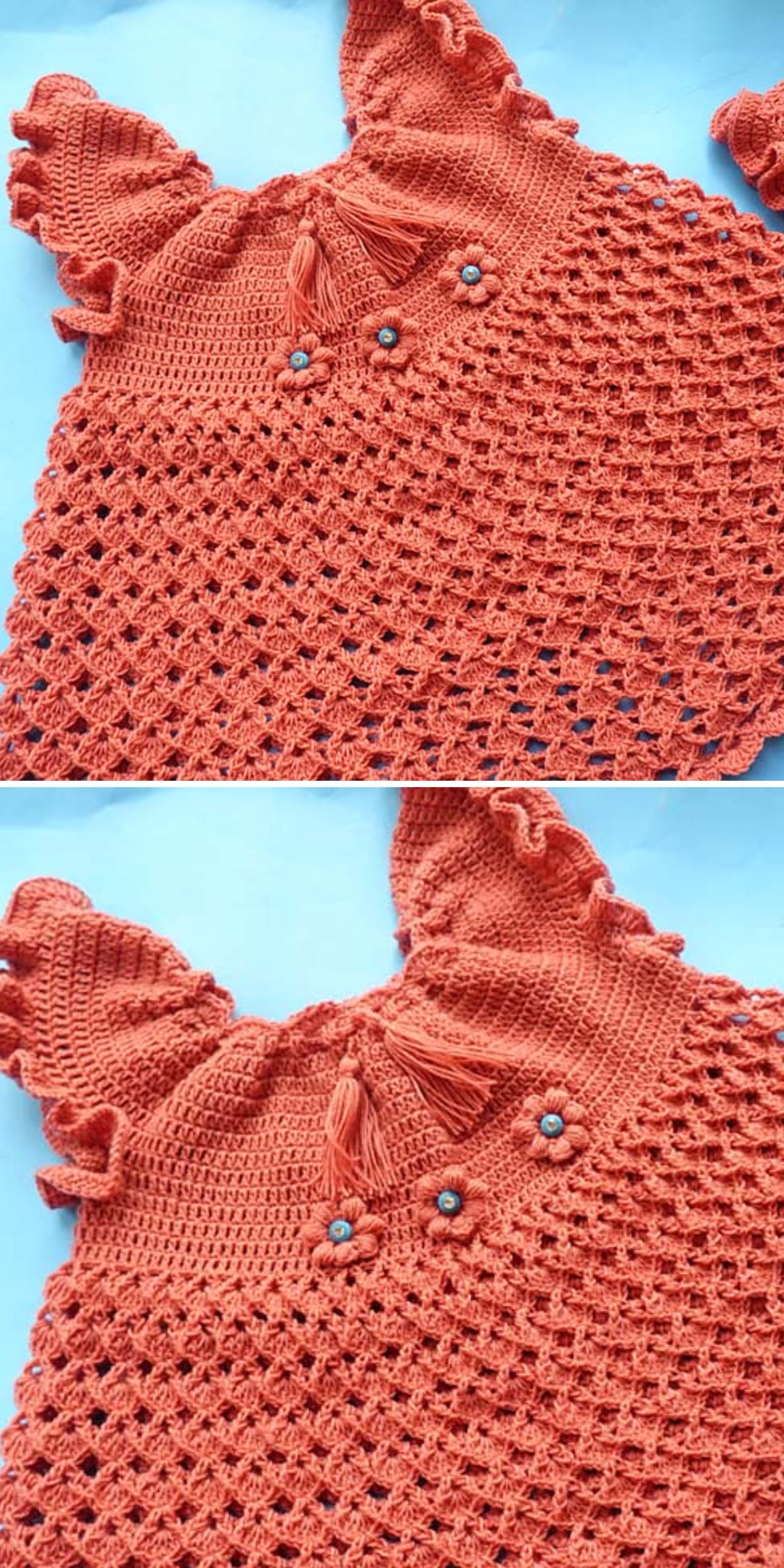 a crocheted baby dress with a lace texture