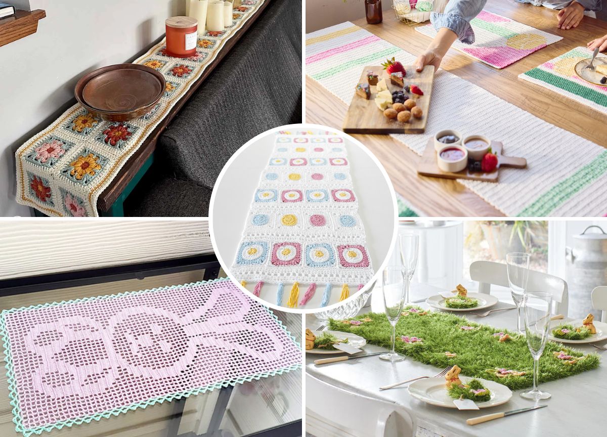 a collection of diffrent crochet table runners