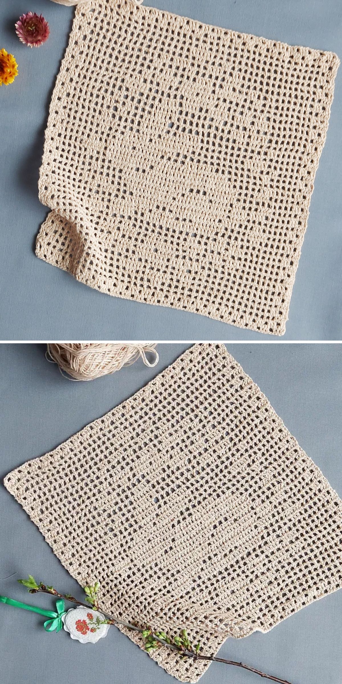 a crochet napkin with a openstitched bunny motif
