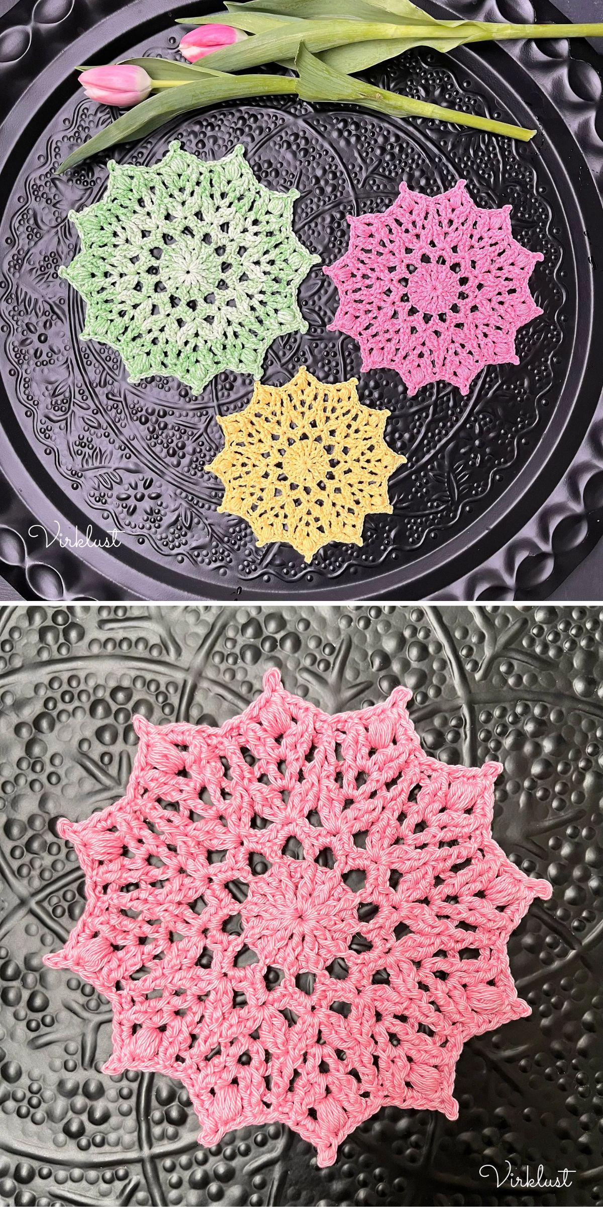 three crochet doilies in vibrant colors