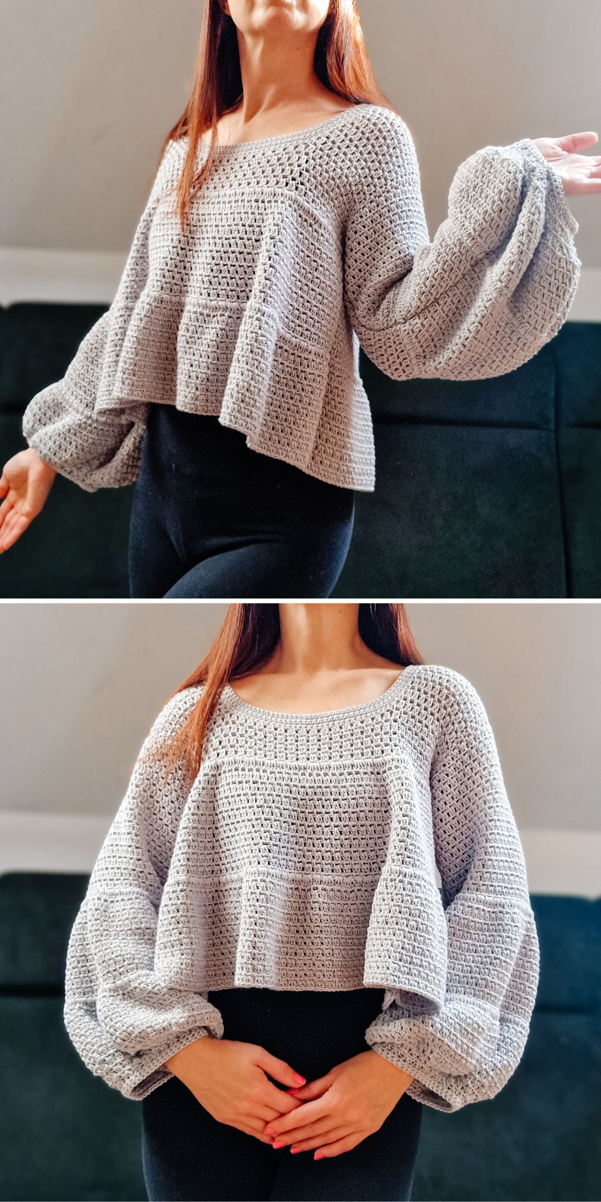 a woman wearing a crochet sweater with a wide baloon sleeves in a grey color