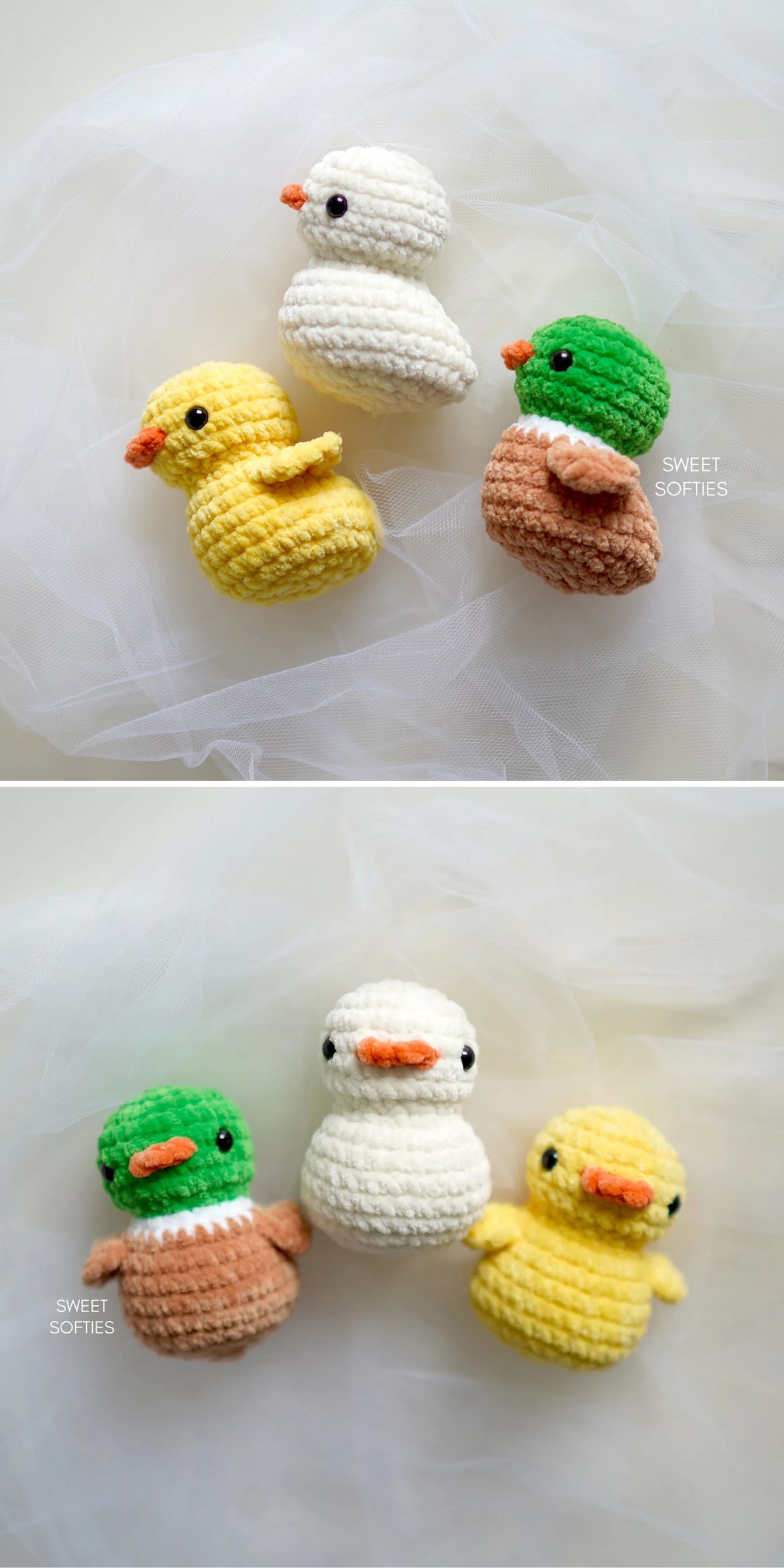 three small crochet duck amigurumi in different colors and designs