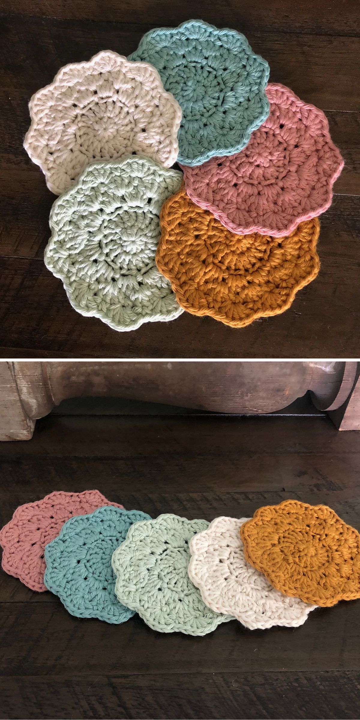 crocheted flower coasters in different colors