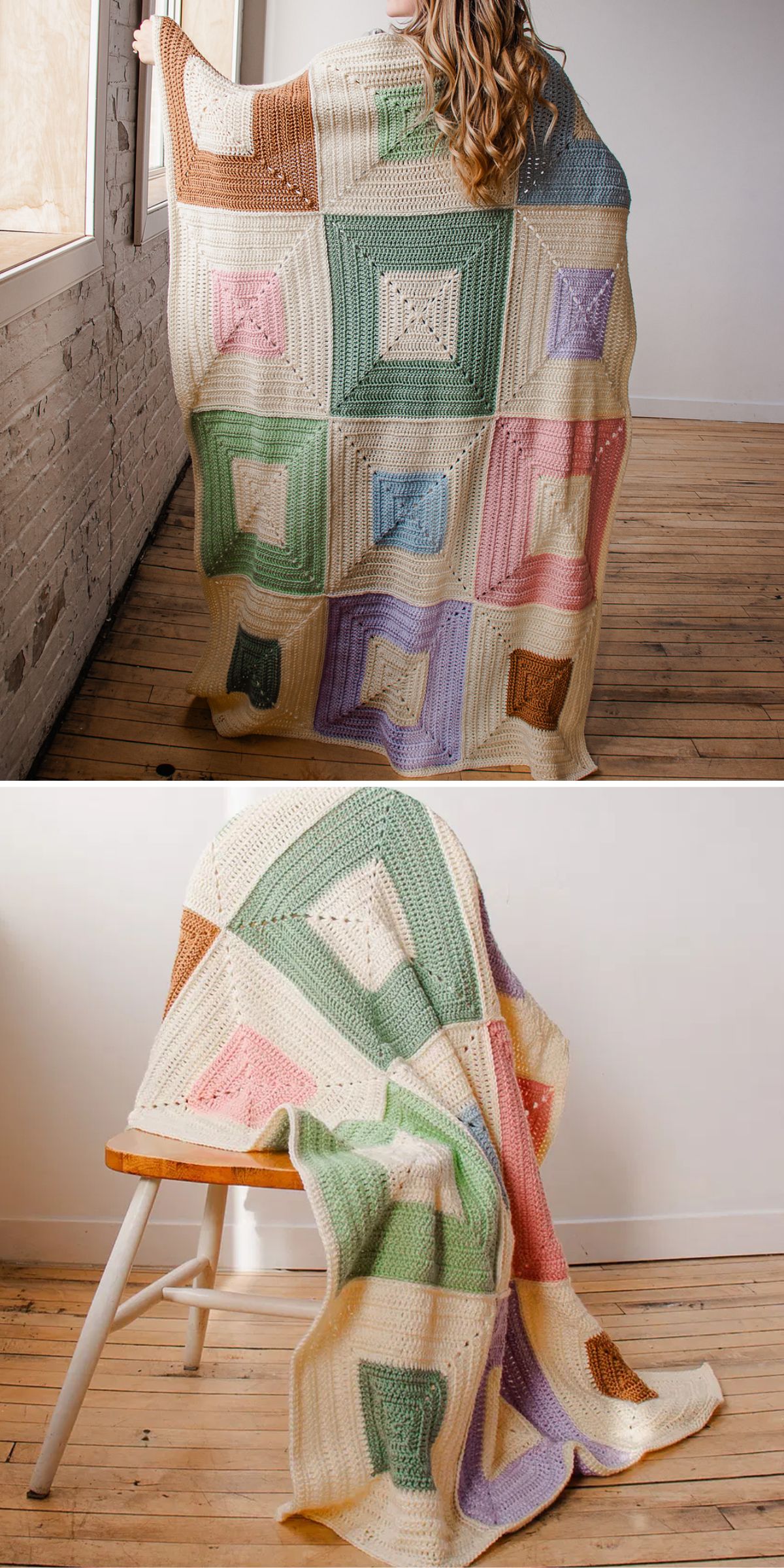 a crochet blanket made of large squares in different color combinations