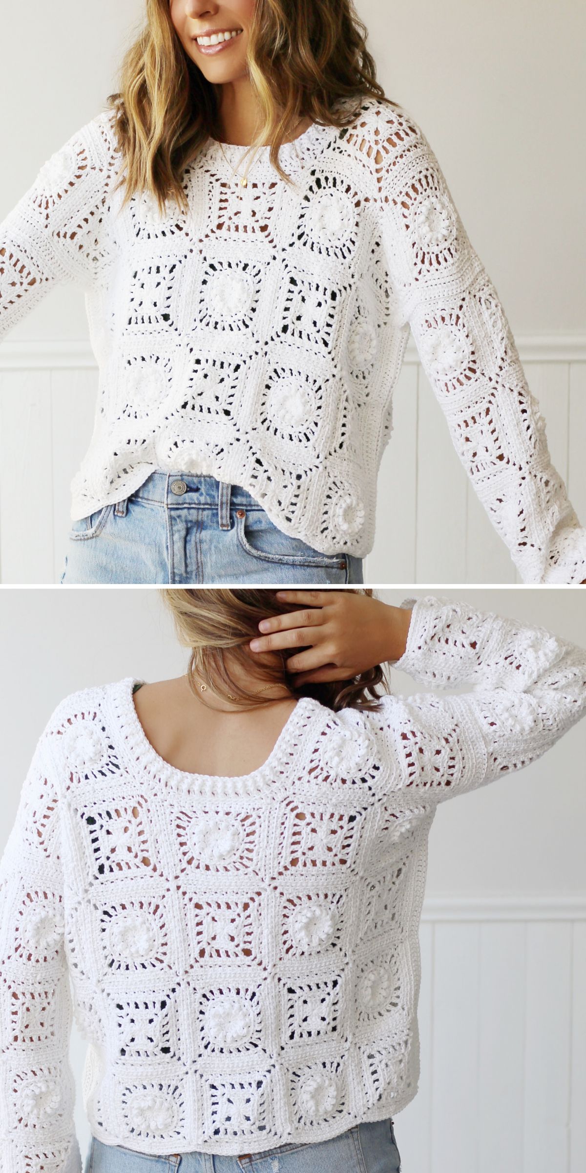 a woman wearing a white airy crochet sweater made of squares