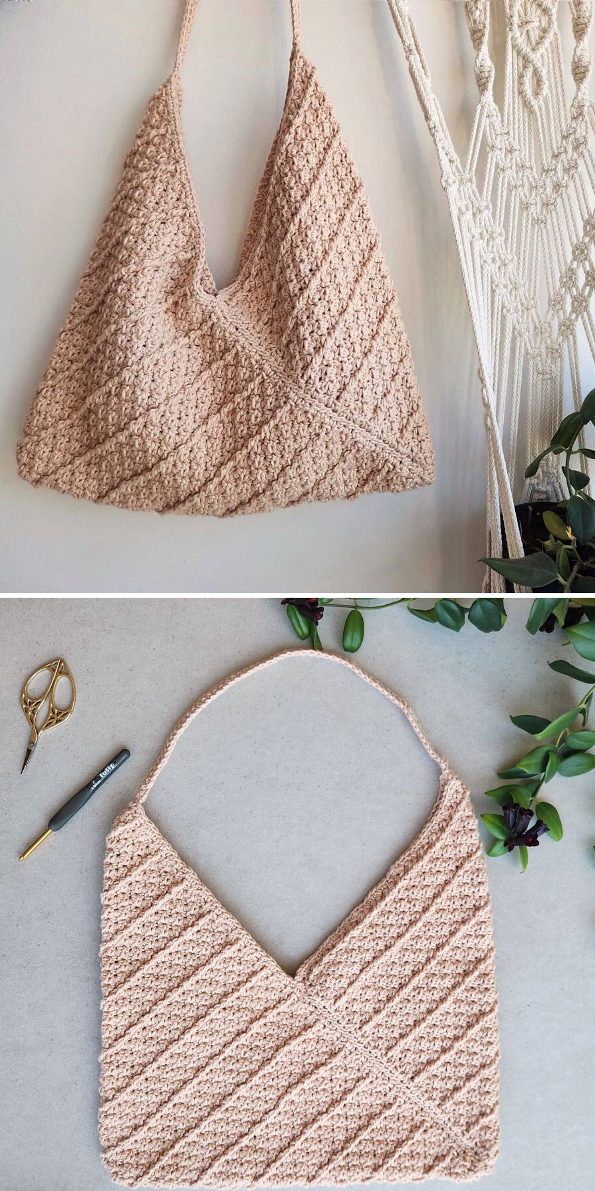 a crocheted tote bag made of two big squares in a cream color