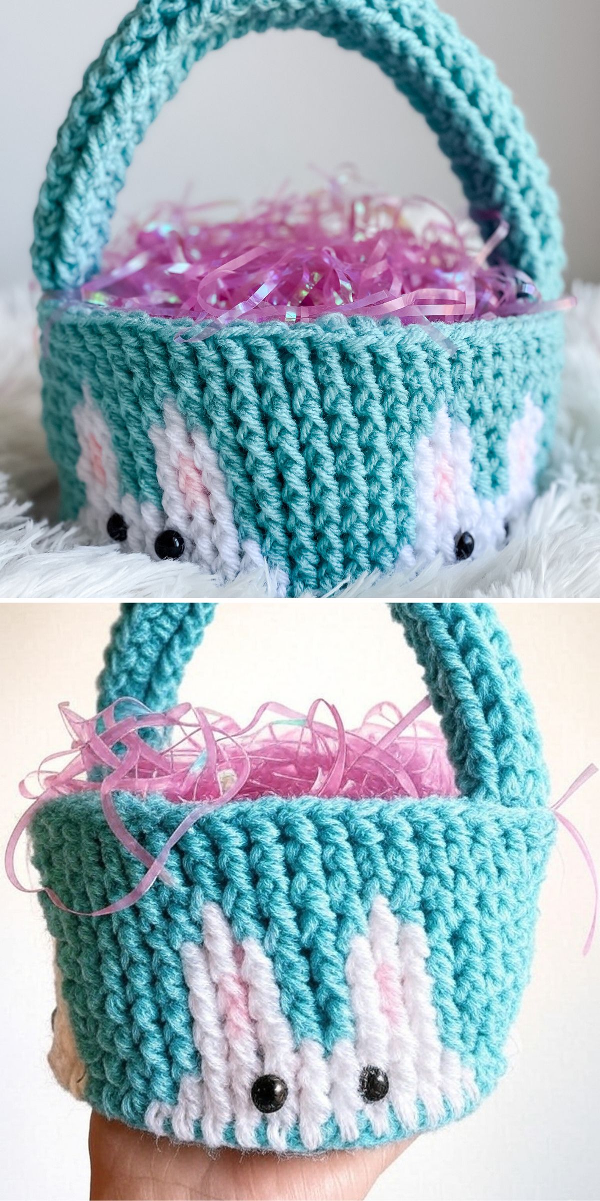 a crochet basket with bunny silhouette motifs