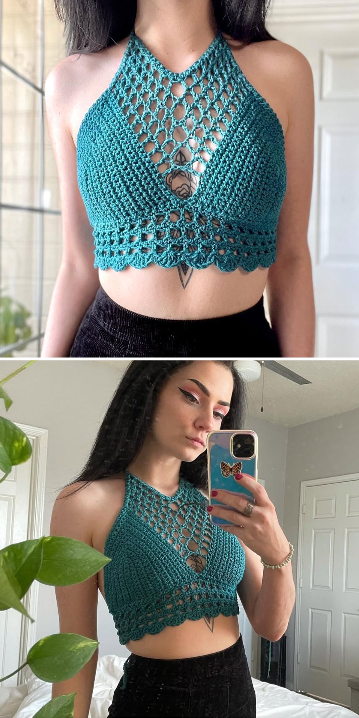 a woman wearing a crochet halter top with a mesh front in a green color