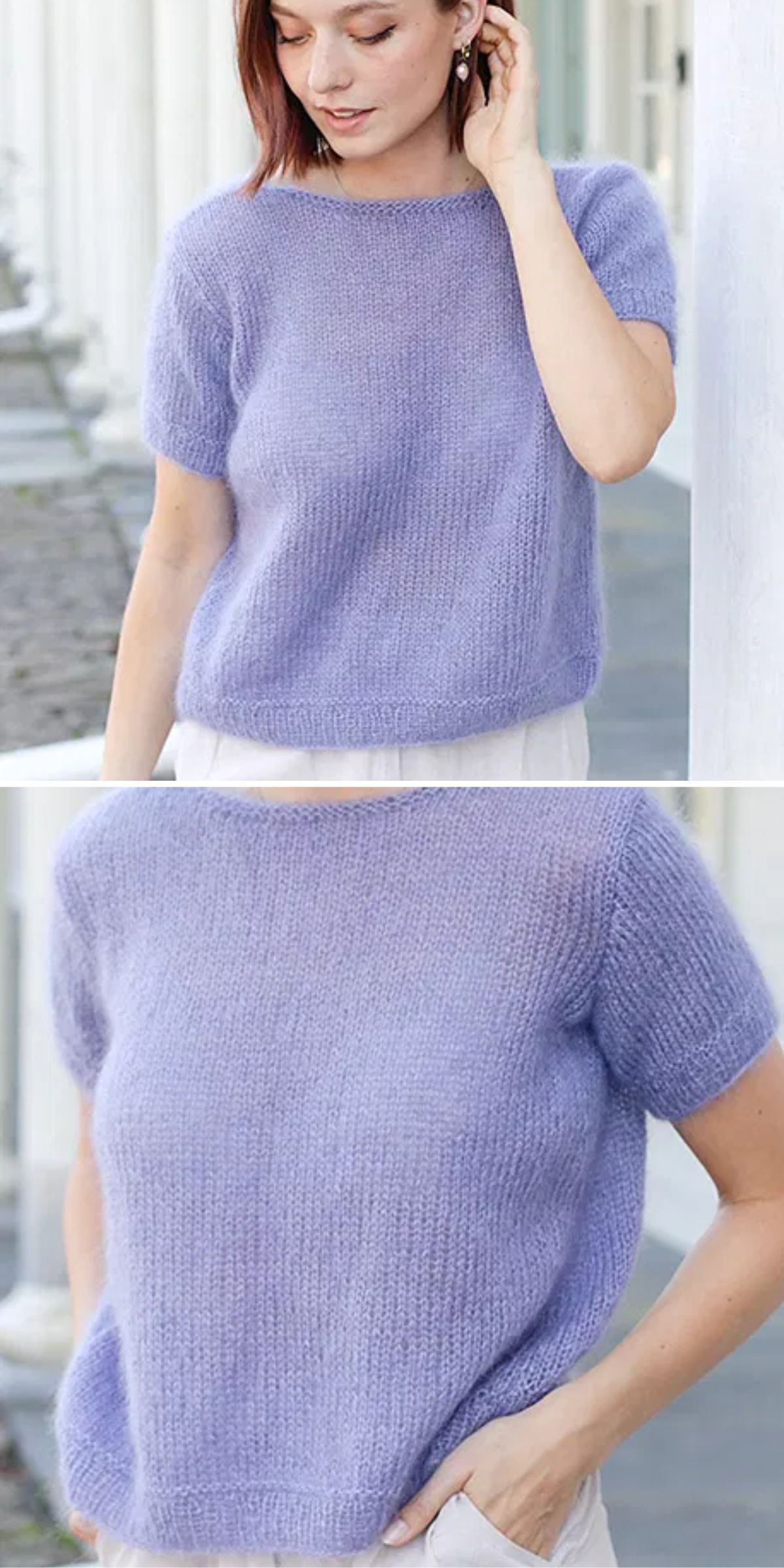 a woman wearing a knit summer top with short sleeves in a violet color