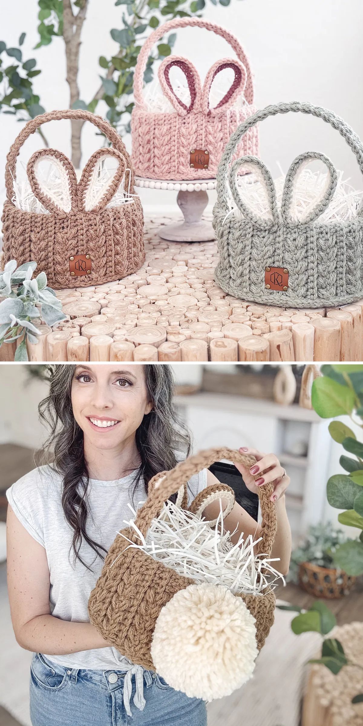 three crocheted Easter baskets with bunny ears and tail