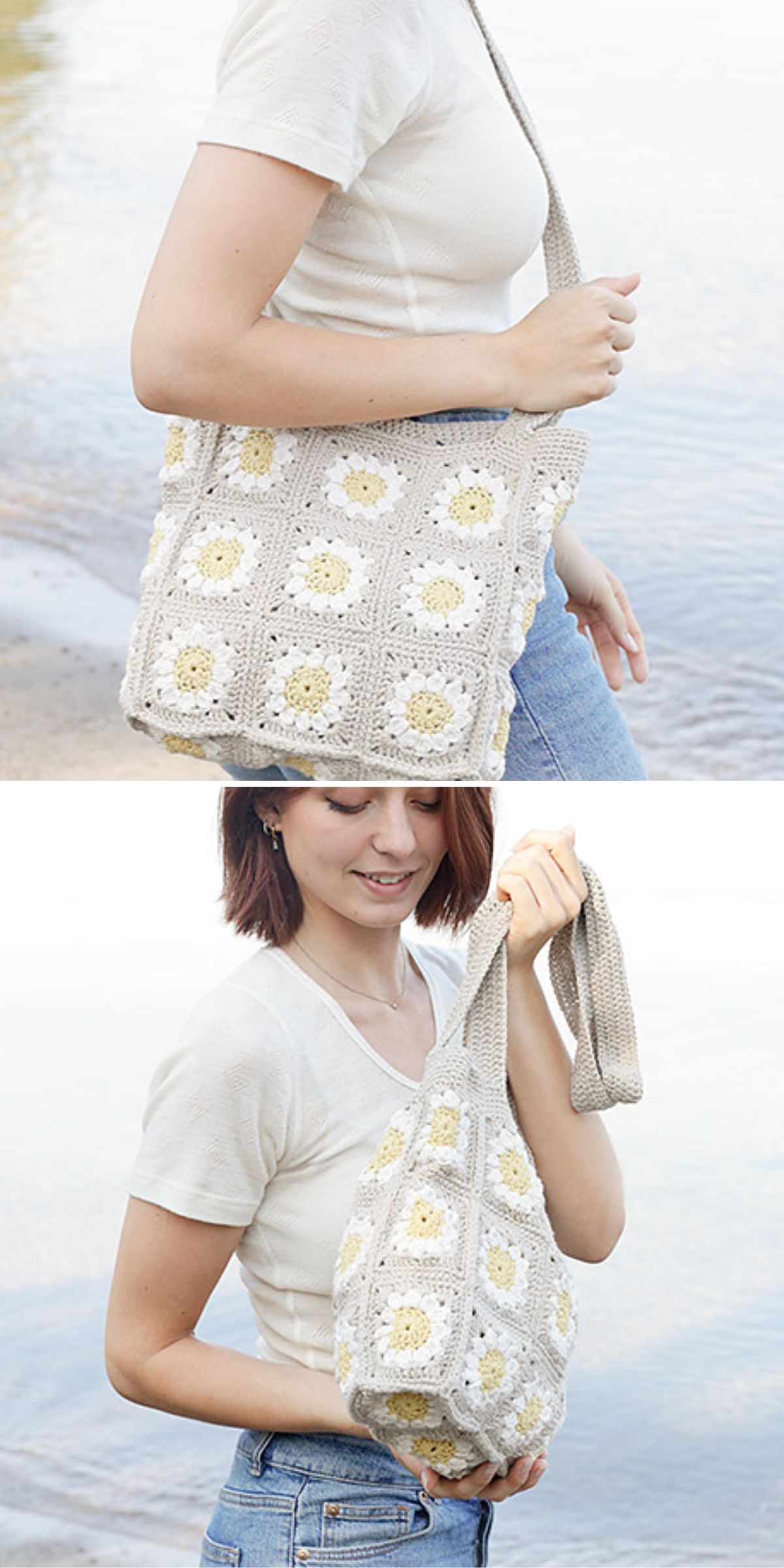 a crochet tote bag made of flower granny squares